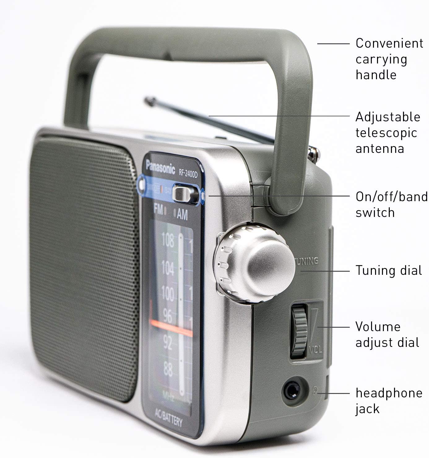 Panasonic Portable AM/FM Radio Silver + AA Batteries + Wired Headphones + Cloth Bundle