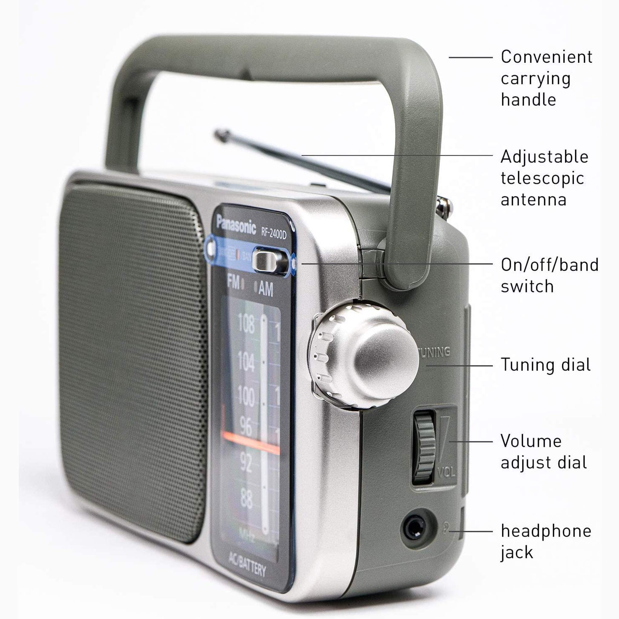 Portable AM/FM Radio Silver + AA Batteries + Wired Headphones + Cloth Bundle