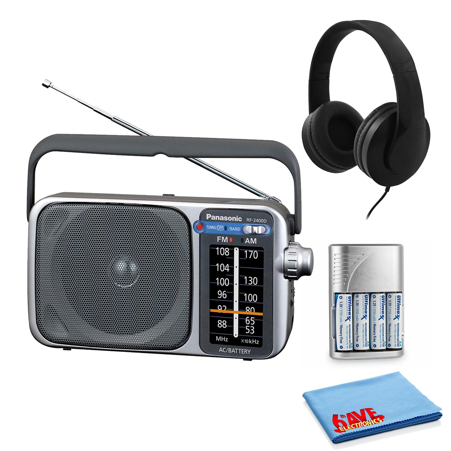 Panasonic Portable AM/FM Radio Silver + AA Batteries + Wired Headphones + Cloth Bundle