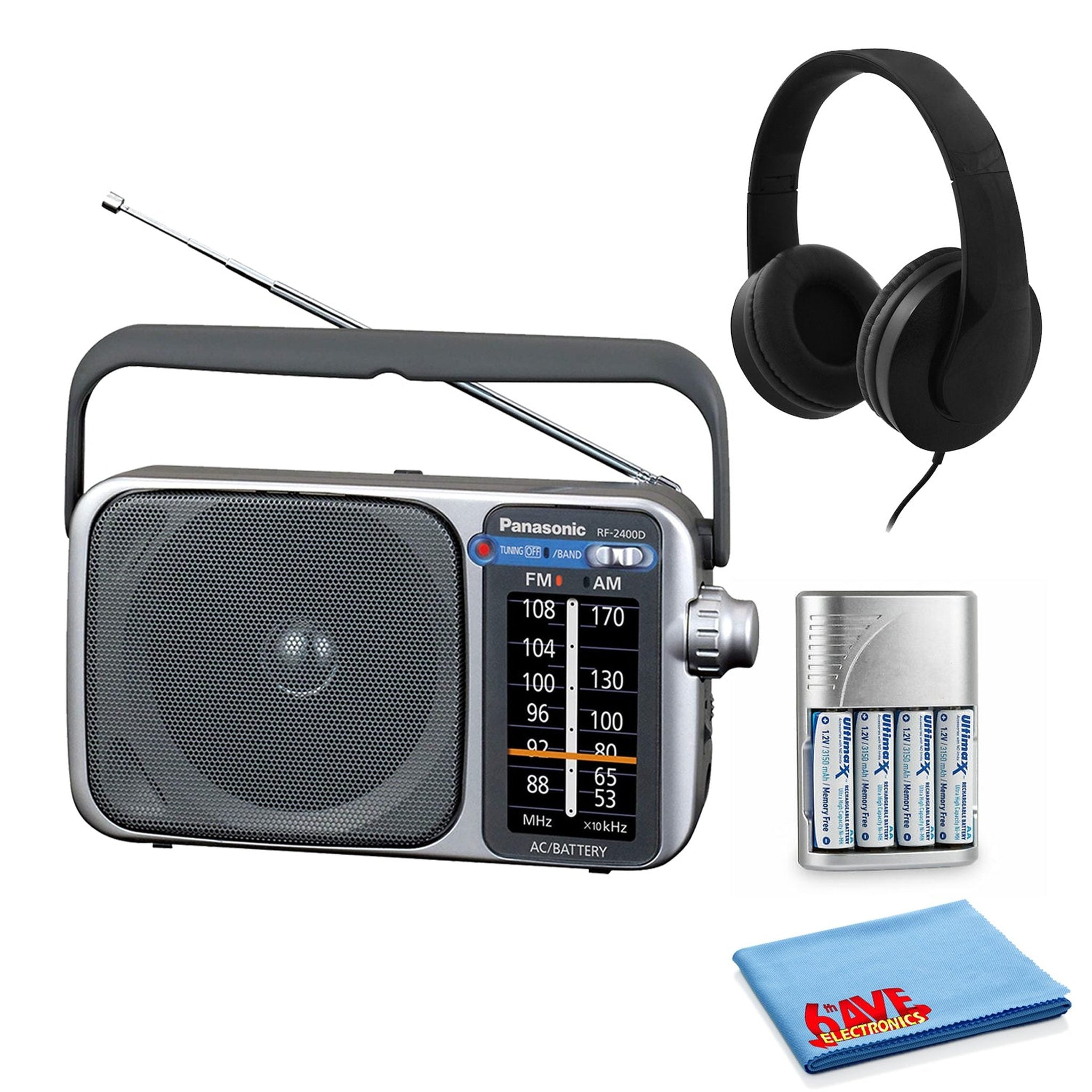 Portable AM/FM Radio Silver + AA Batteries + Wired Headphones + Cloth Bundle 6th Ave Electronics