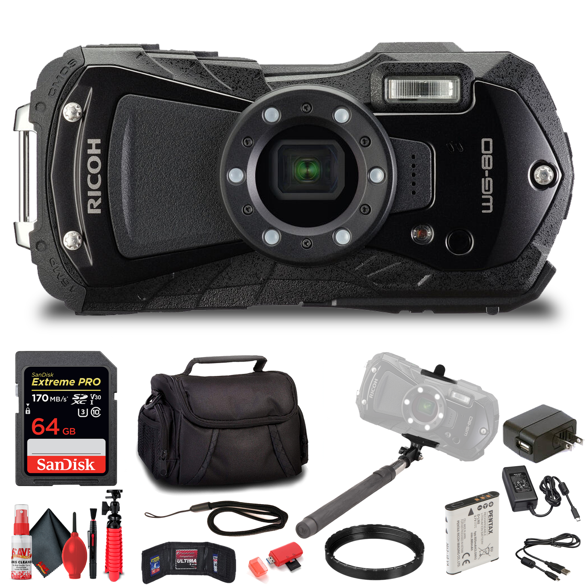 Ricoh WG-80 Waterproof Digital Camera Black with Accessories