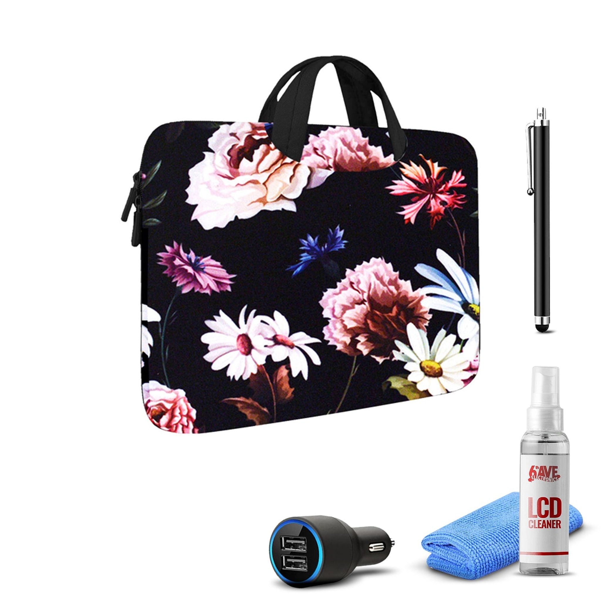Tablet Essential Accessory Bundle with Black Floral Sleeve