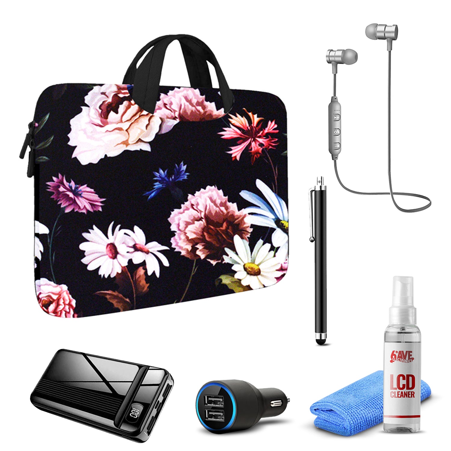 Tablet Travel Accessory Bundle with Black Floral Sleeve