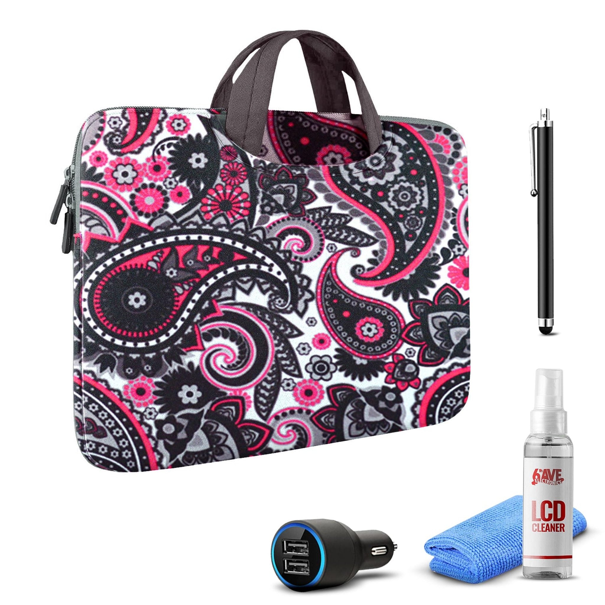Tablet Essential Accessory Bundle with Black Paisley Sleeve