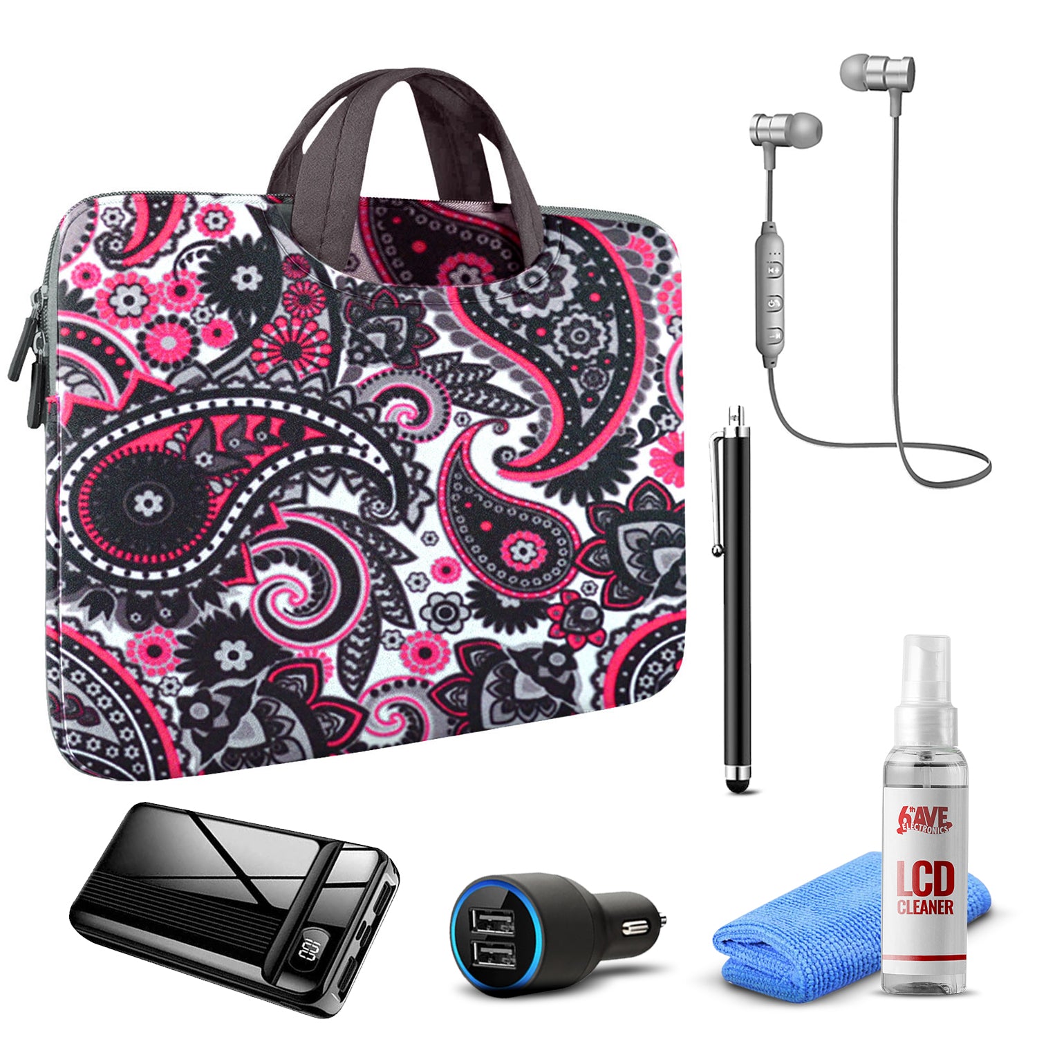 Tablet Travel Accessory Bundle with Black Paisley Sleeve
