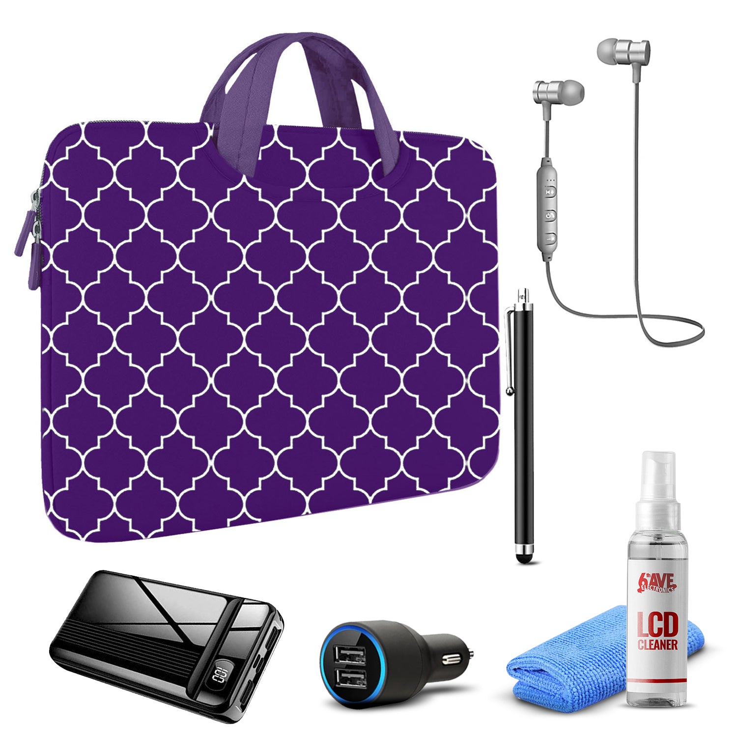 Tablet Travel Accessory Bundle with Purple Moroccan Sleeve
