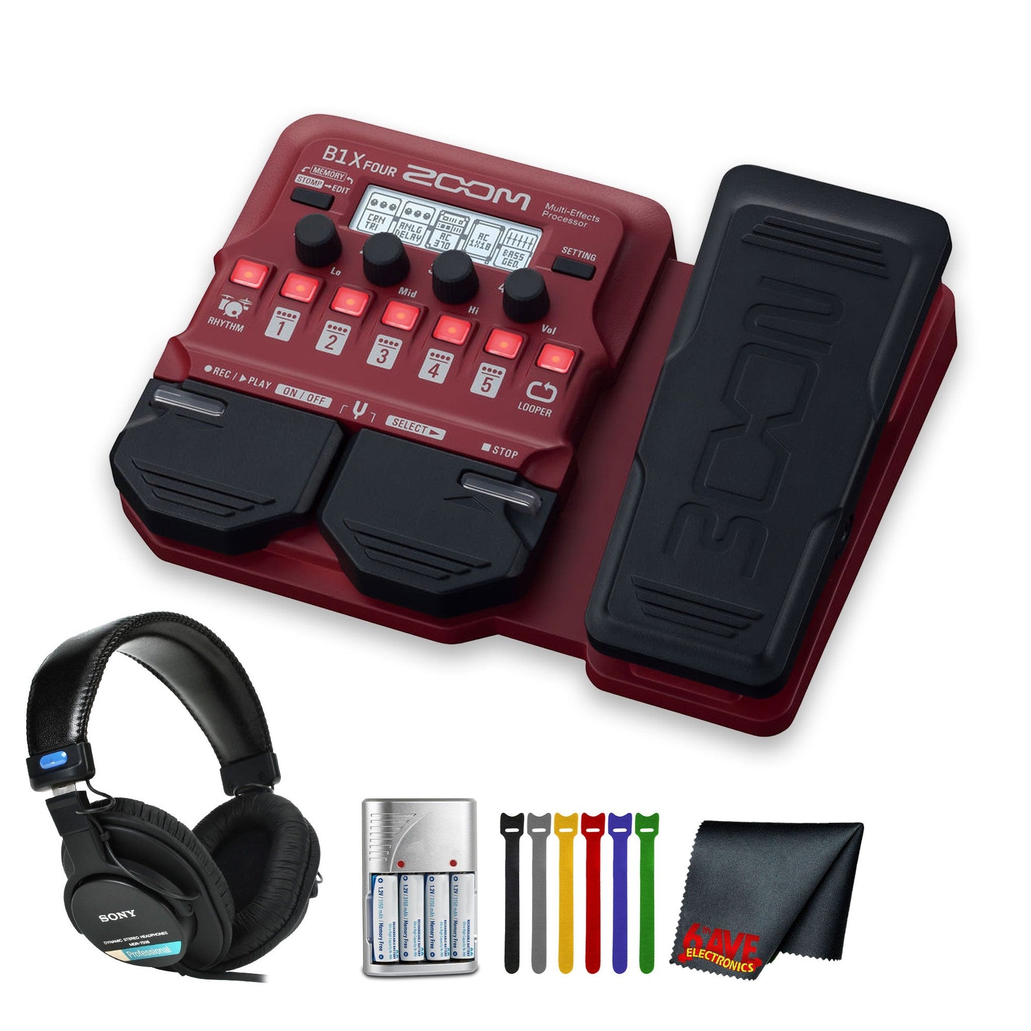 Zoom B1X Four Bass Multi-Effects Pedal + MDR-7506 Stereo Headphones, Bundle