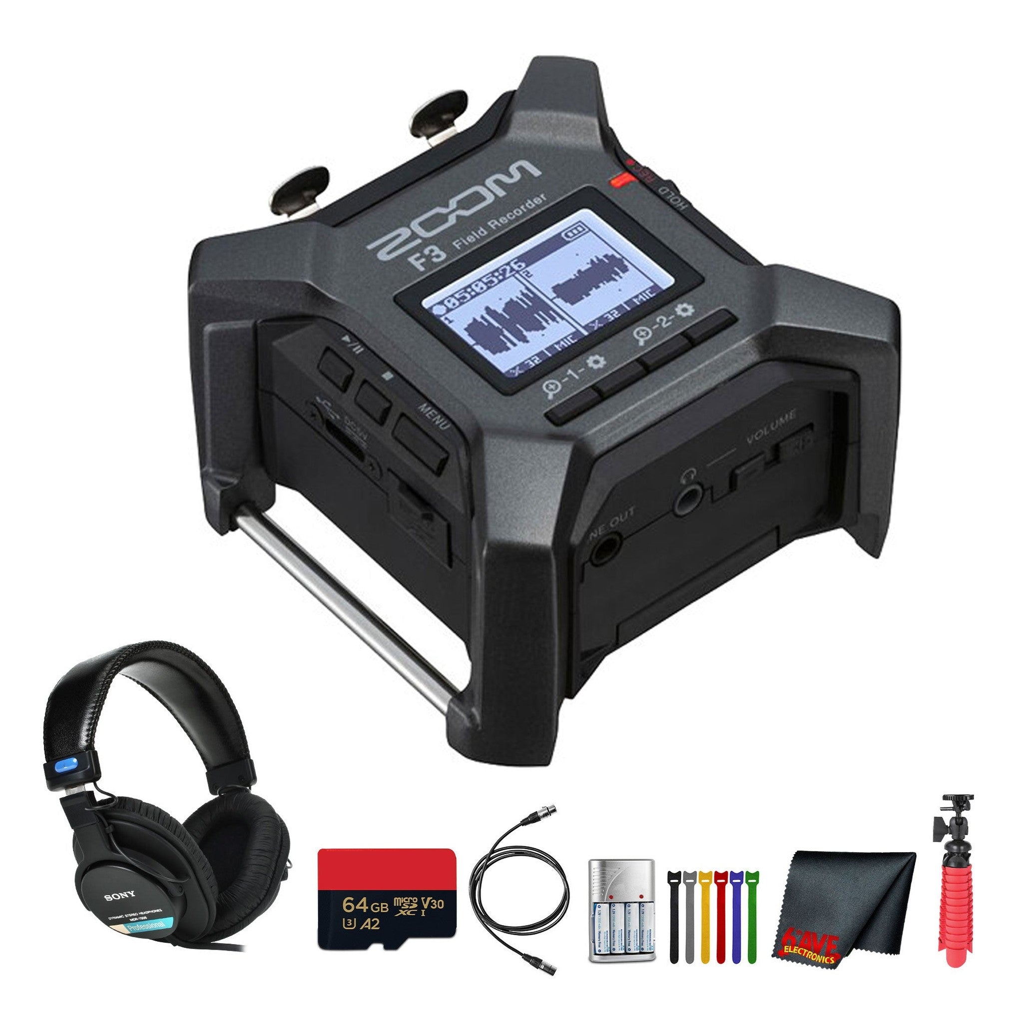 Zoom F3 2-Input /2-Track Field Recorder + MDR-7506 Stereo Headphones, Bundle