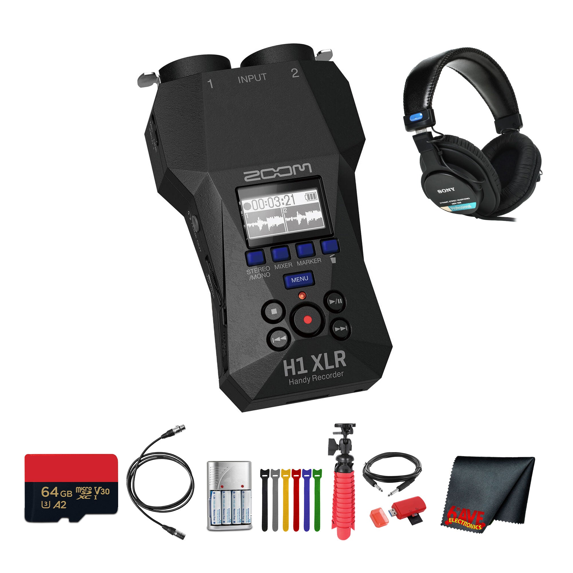 Zoom H1 XLR Portable Audio Recorder for Video + MDR-7506 Headphones, Bundle