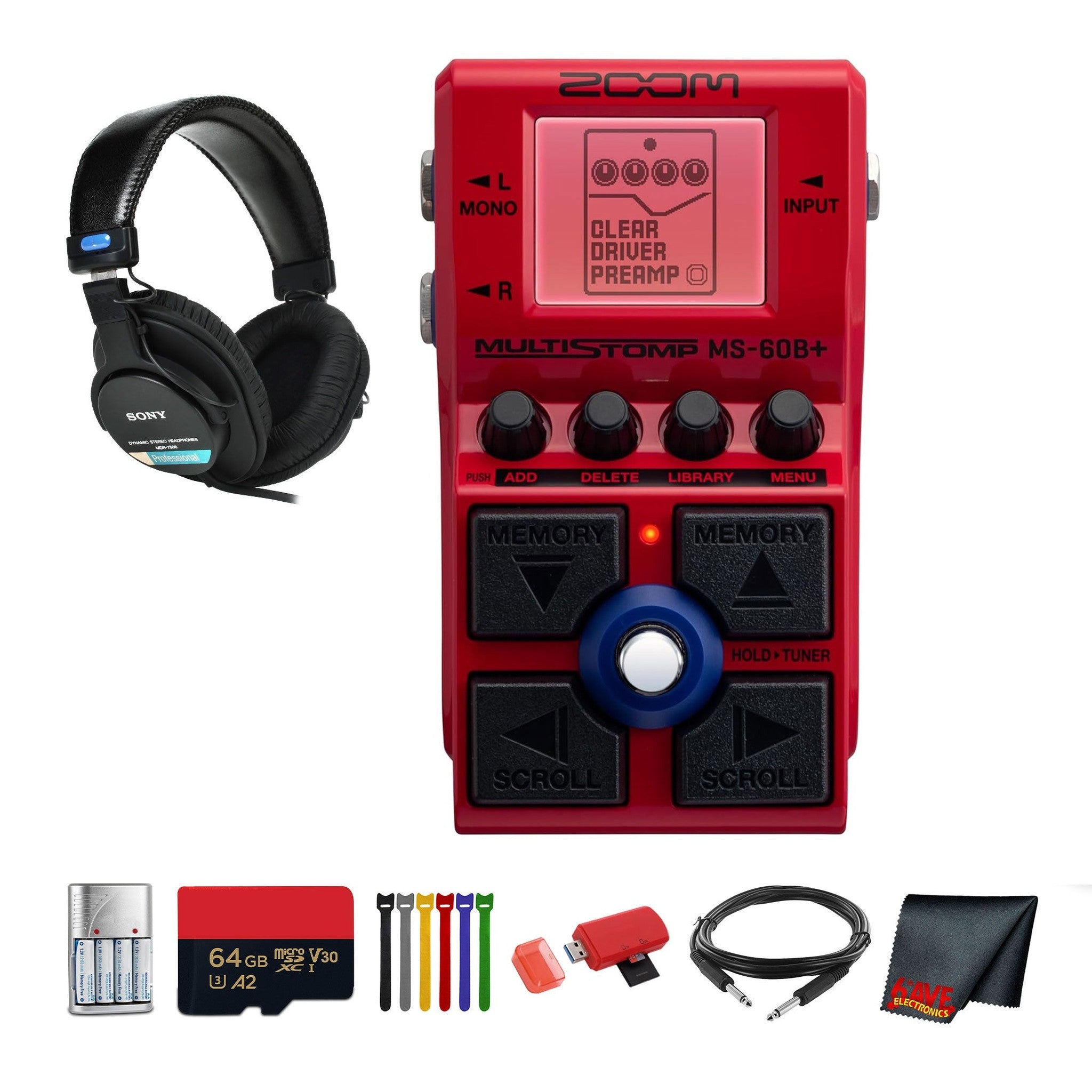 Zoom MS-60B+ MultiStomp Multi-FX Bass Pedal + MDR-7506 Headphones, Bundle