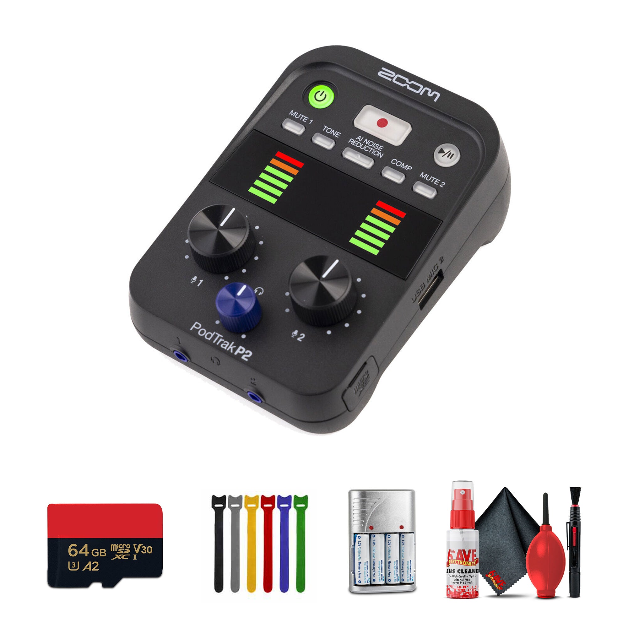 Zoom PodTrak P2 Dual USB Mic Recorder for Podcasters, 4xAA WITH CHARGER, Bundle