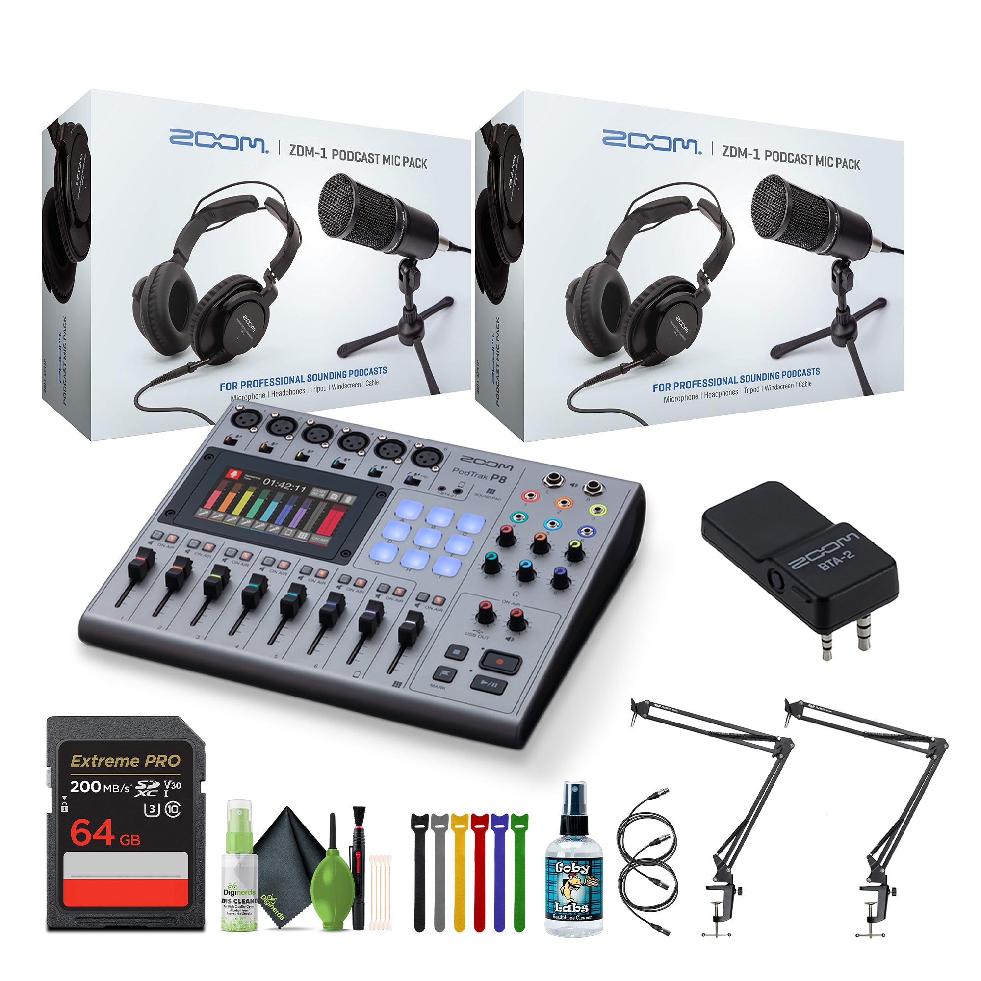 Zoom PodTrak P8 Podcast Recorder, BTA-2 Adapter, Pack of 2 Zoom ZDM-1 Mic Pack