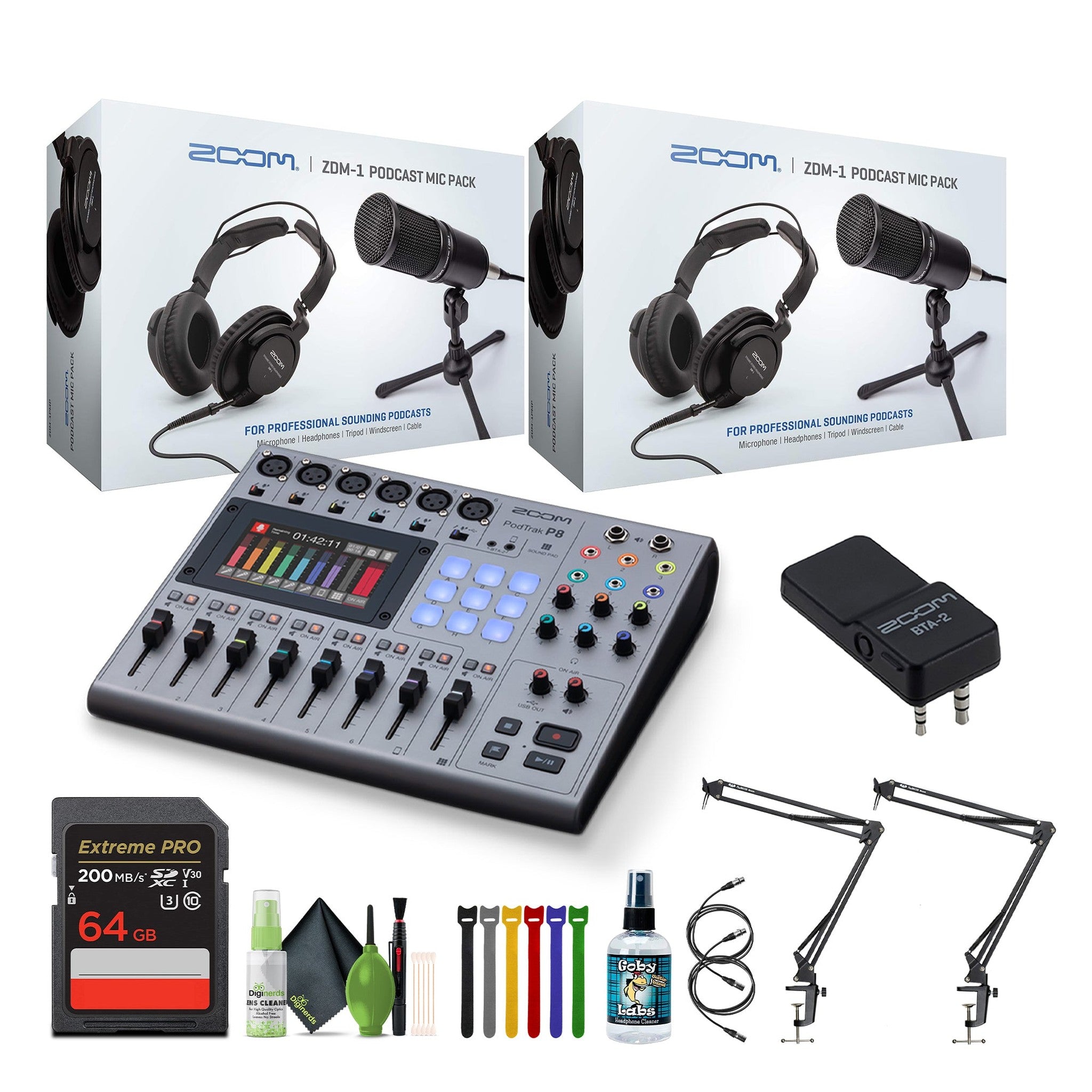 Zoom PodTrak P8 Podcast Recorder, BTA-2 Adapter, Pack of 2 Zoom ZDM-1 Mic Pack Zoom