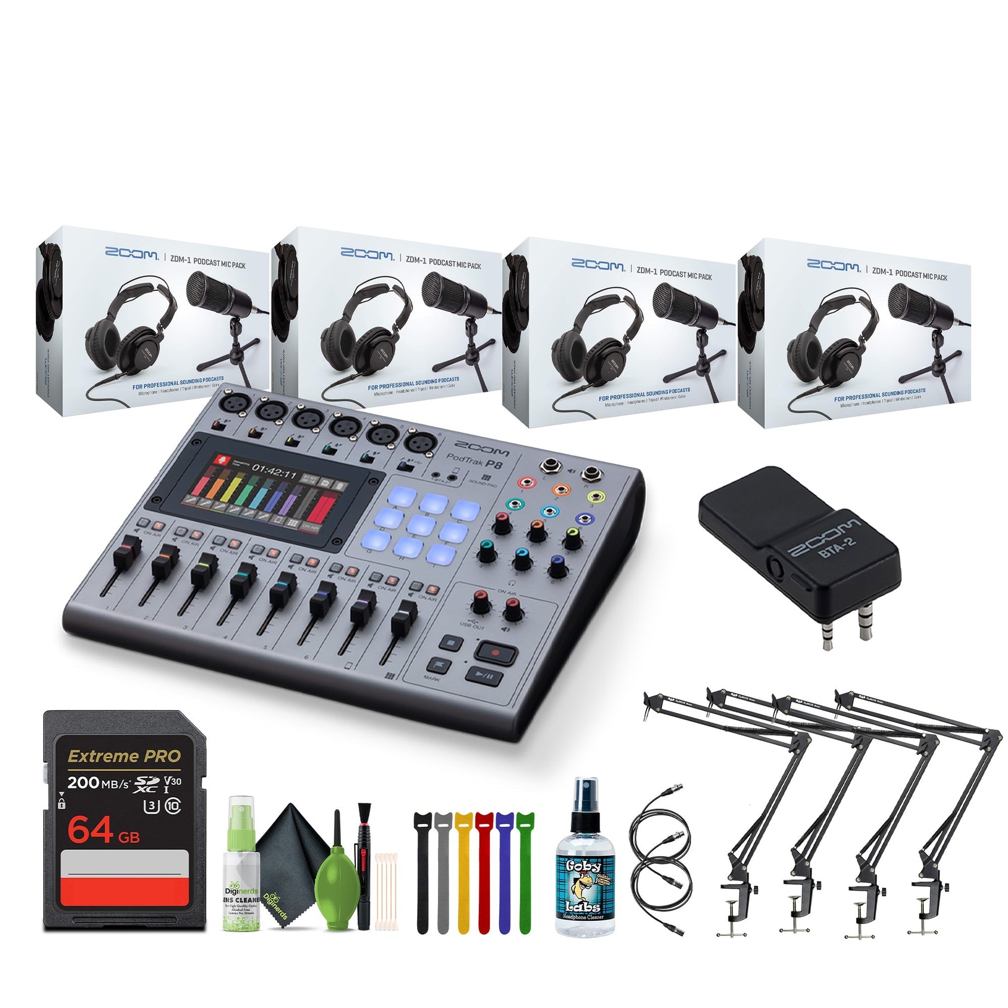 Zoom PodTrak P8 Podcast Recorder, BTA-2 Adapter, Pack of 4 Zoom ZDM-1 Mic Pack