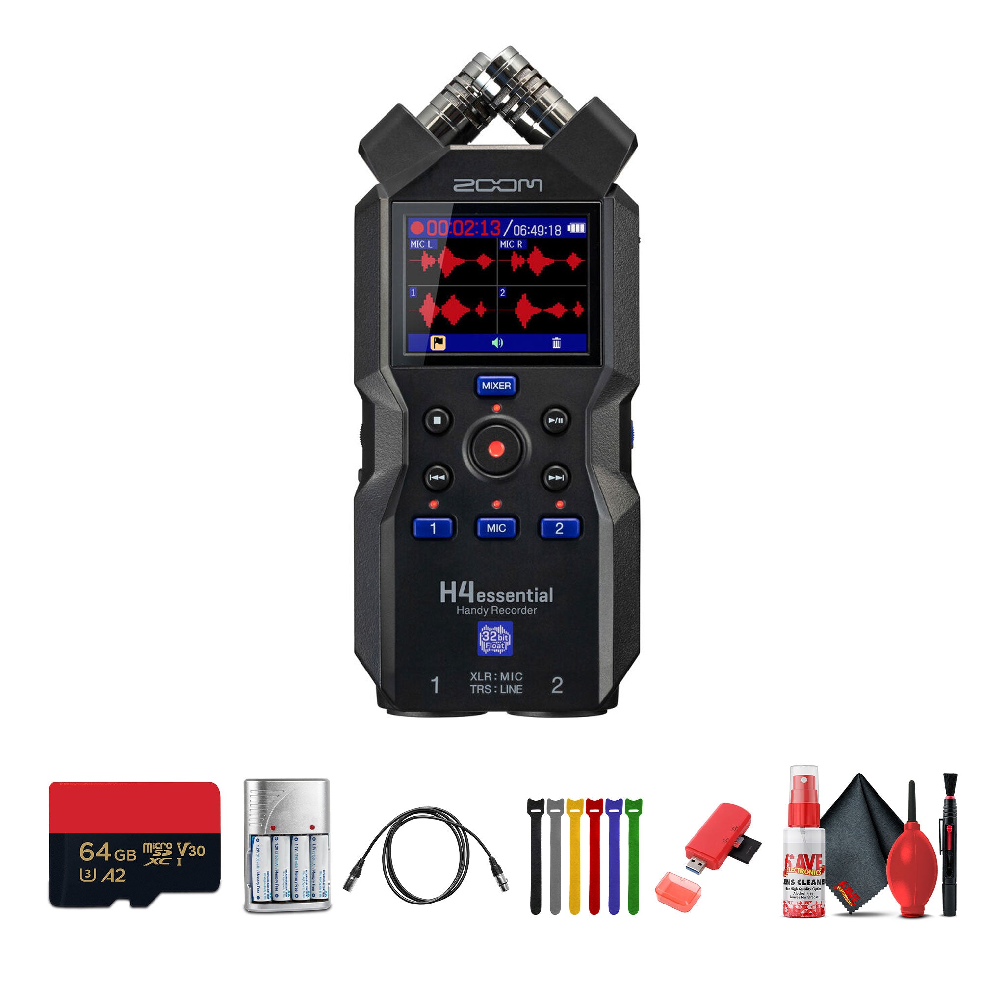 Zoom H4essential 4-Track 32-Bit Float Audio Recorder, Memory Card 64GB, Bundle