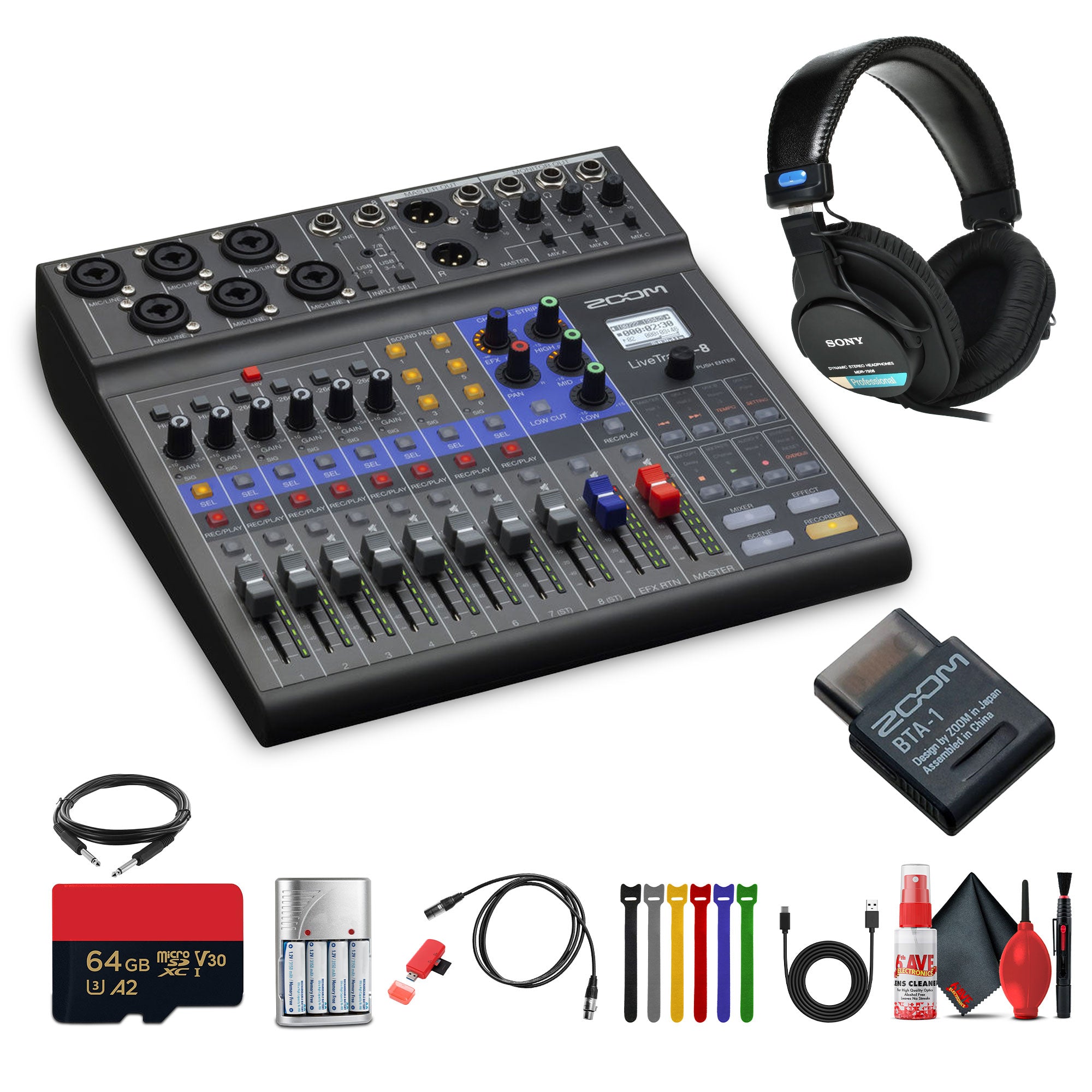 Zoom LiveTrak L-8 Portable 8-Channel Digital Mixer + Headphones, Bundle