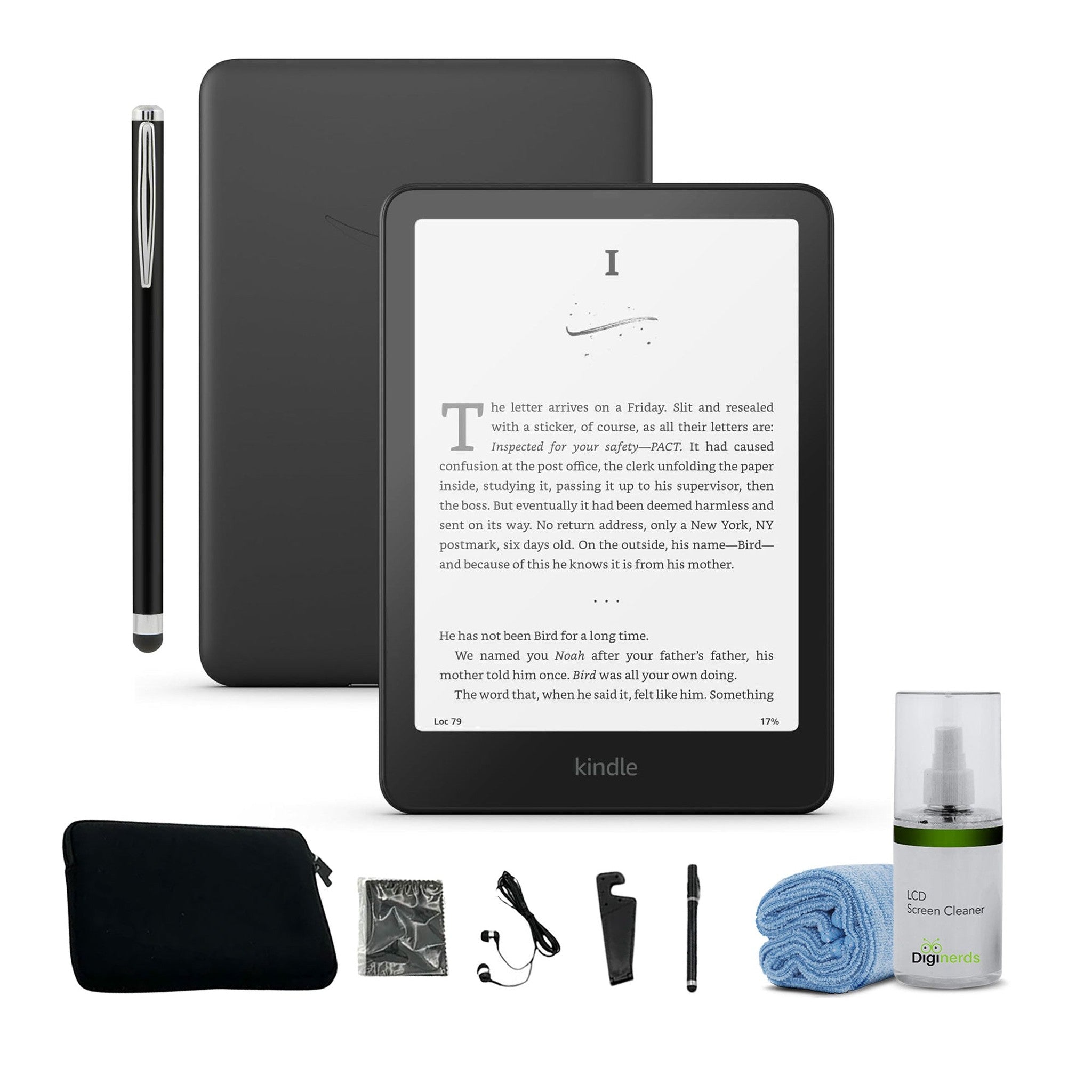 7 inch Kindle Paperwhite 16 GB - 2024 - Black - Metallic Black + Tablet Essentials Starter Kit 5 Piece 10 inch sleeve earbuds stylus cleaning cloth stand -Black + More Kindle