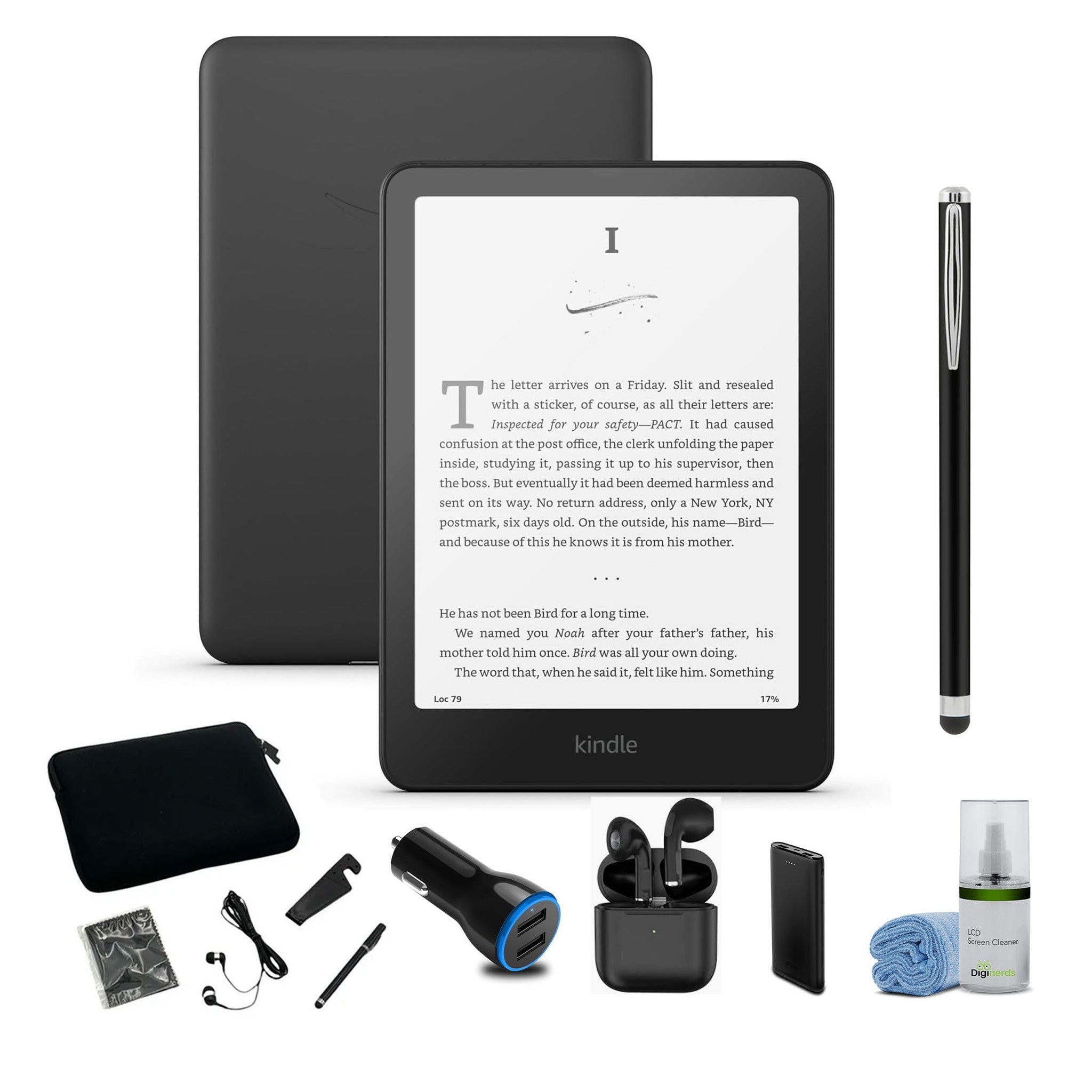 7 inch Kindle Paperwhite 16 GB - 2024 - Black + Tablet Essentials Starter Kit 5 Piece 10 inch sleeve earbuds stylus cleaning cloth stand -Black + More Kindle