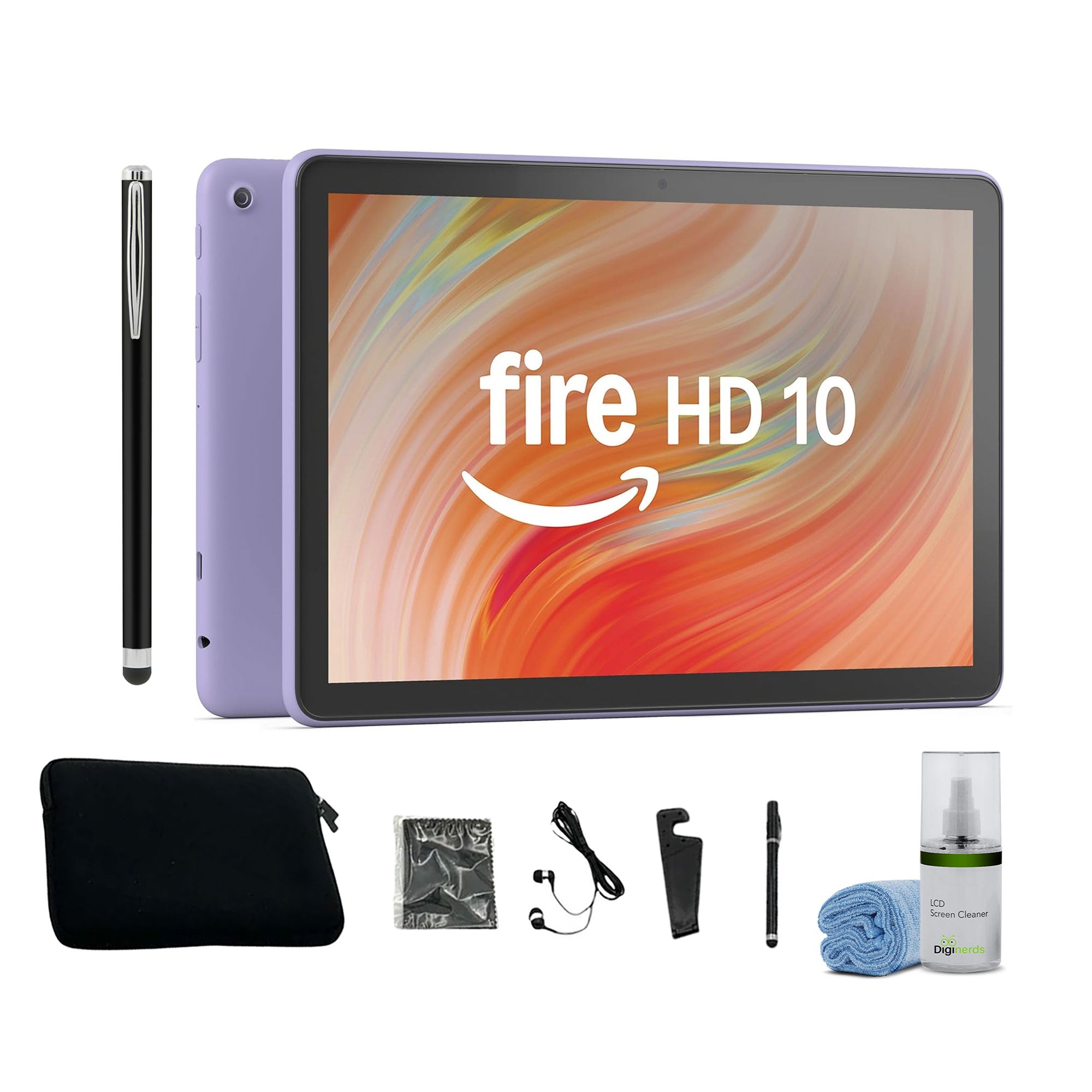 Fire HD 10 - 10.1 inch Tablet 2023 Release - 32GB - Lilac + Tablet Essentials Starter Kit 5 Piece 10 inch sleeve earbuds stylus cleaning cloth stand -Black + More