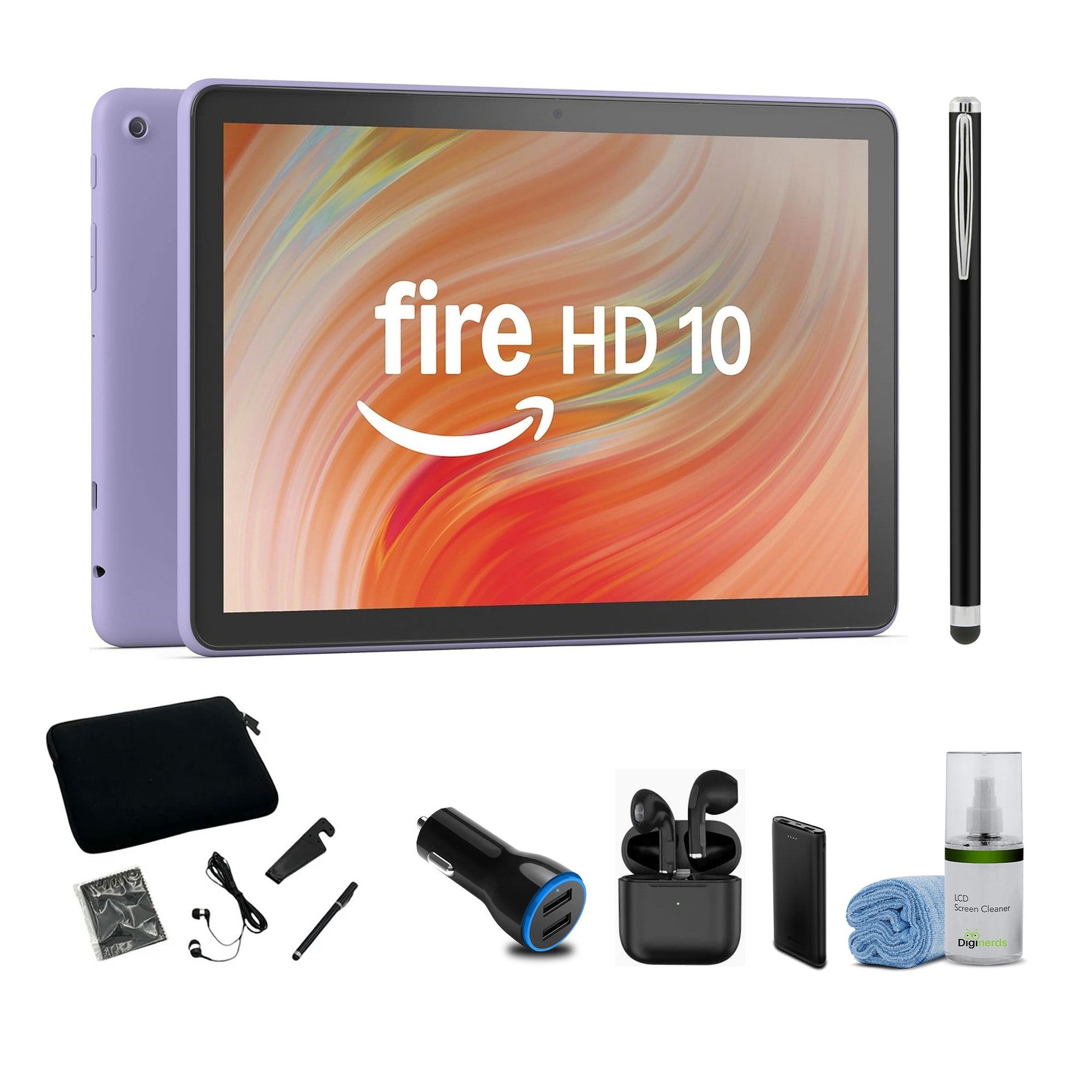 Fire HD 10 - 10.1 inch Tablet 2023 Release - 32GB - Lilac + Tablet Essentials Starter Kit 5 Piece 10 inch sleeve earbuds stylus cleaning cloth stand -Black + More