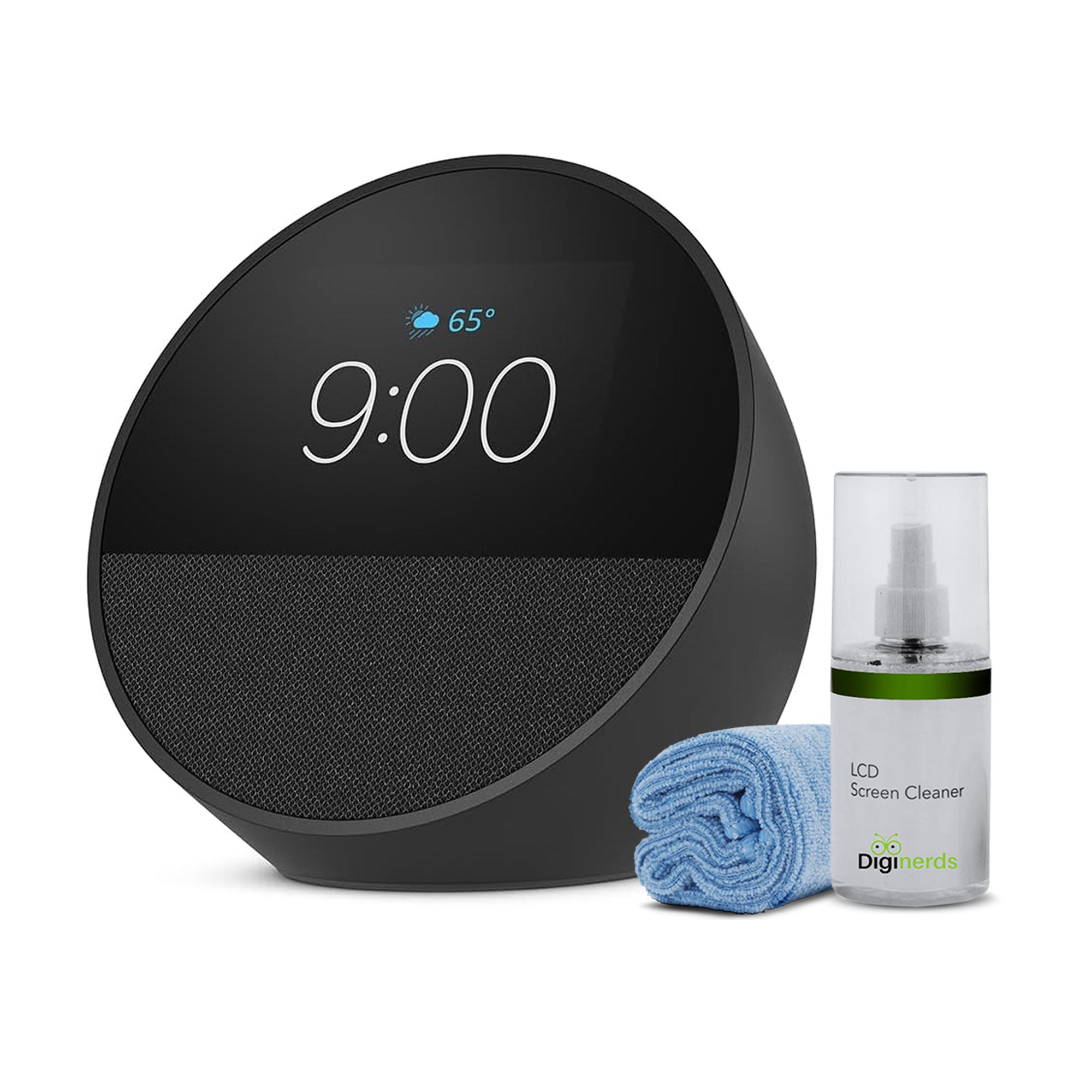 Echo Spot (2024) Smart alarm clock w/ vibrant sound and Alexa - Black + Screen Cleaning Kit