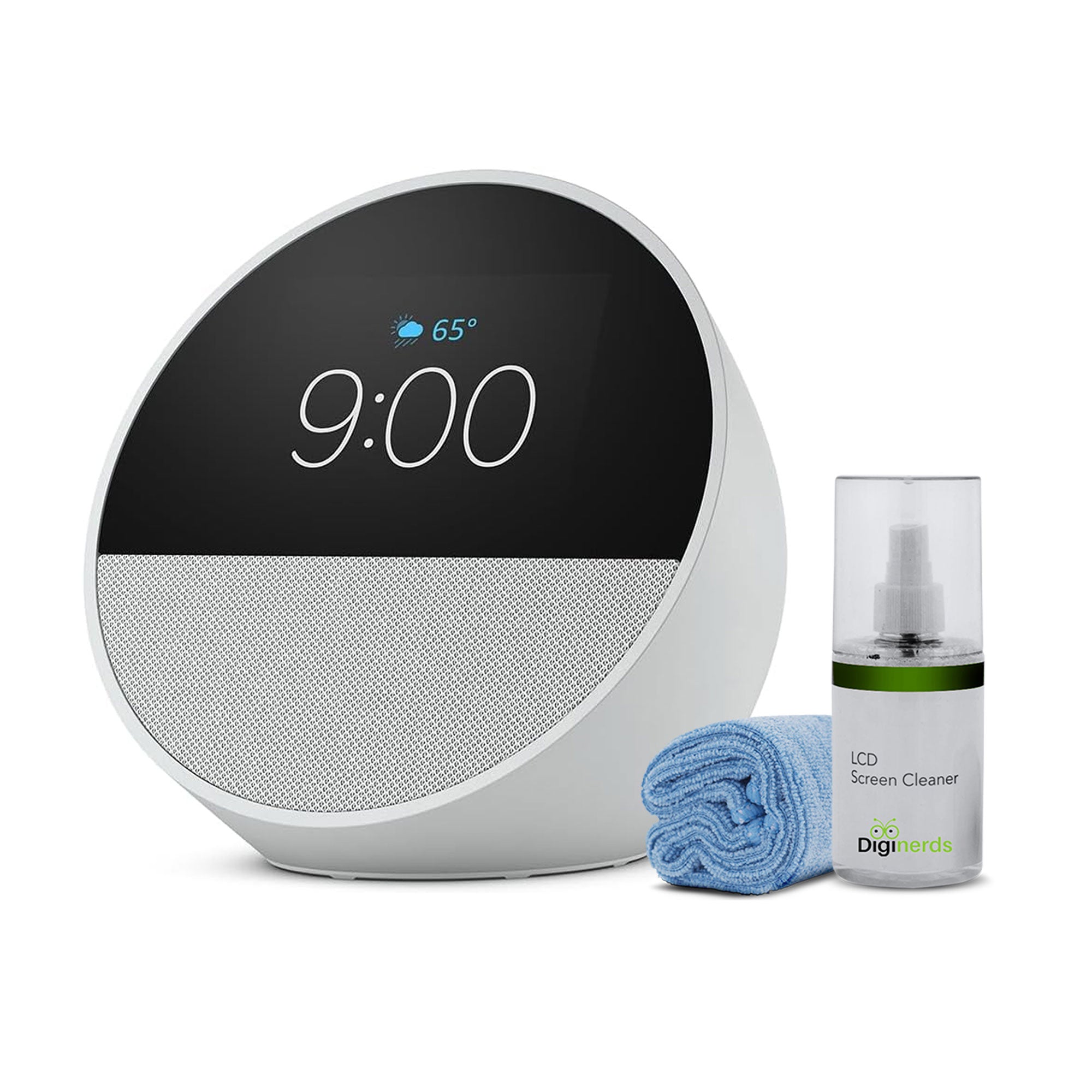 Echo Spot 2024 Smart alarm clock w/ vibrant sound and Alexa -White + Screen Cleaning Kit