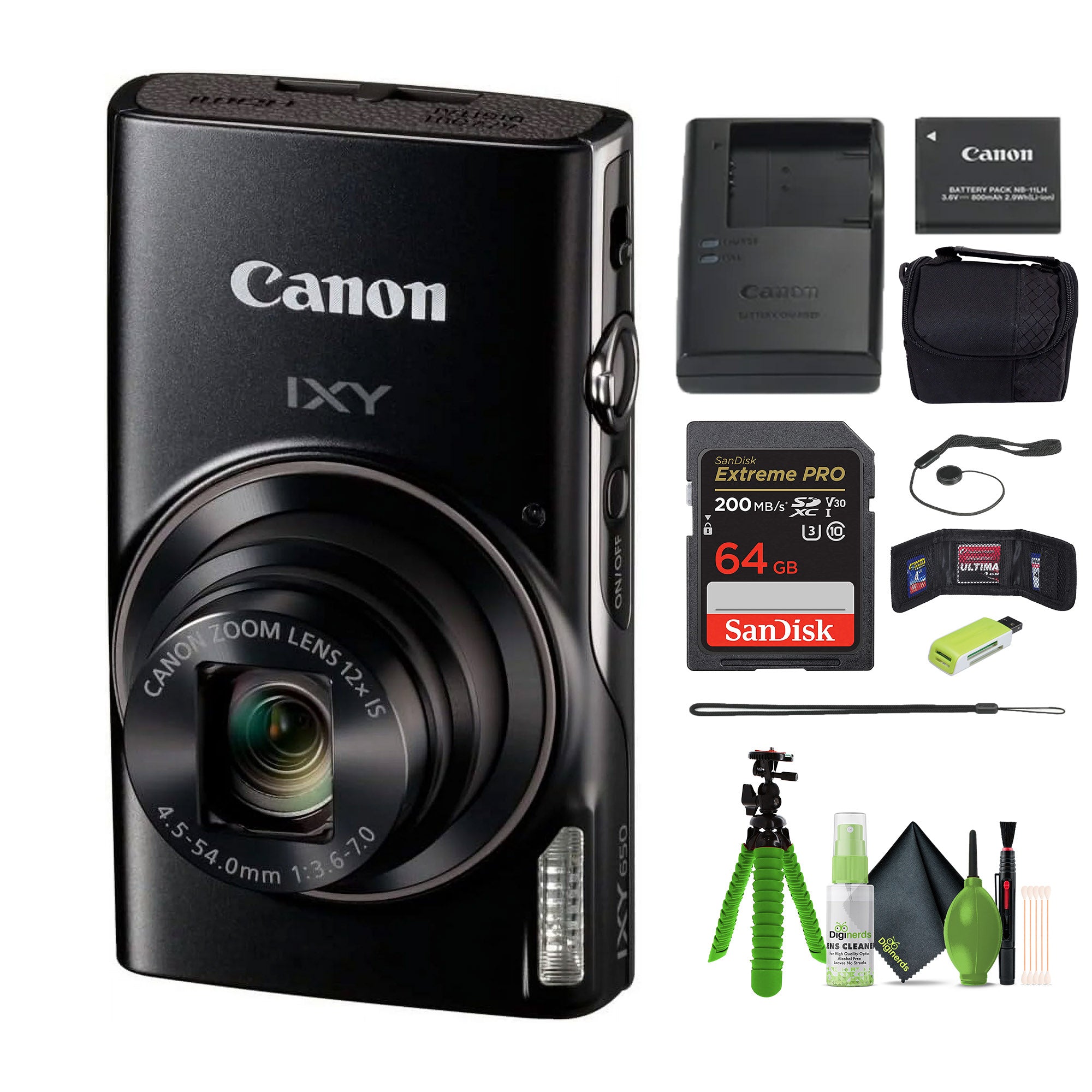 Canon Compact Digital Camera IXY 650 12x Optical Zoom IXY650 - Black - Bundle