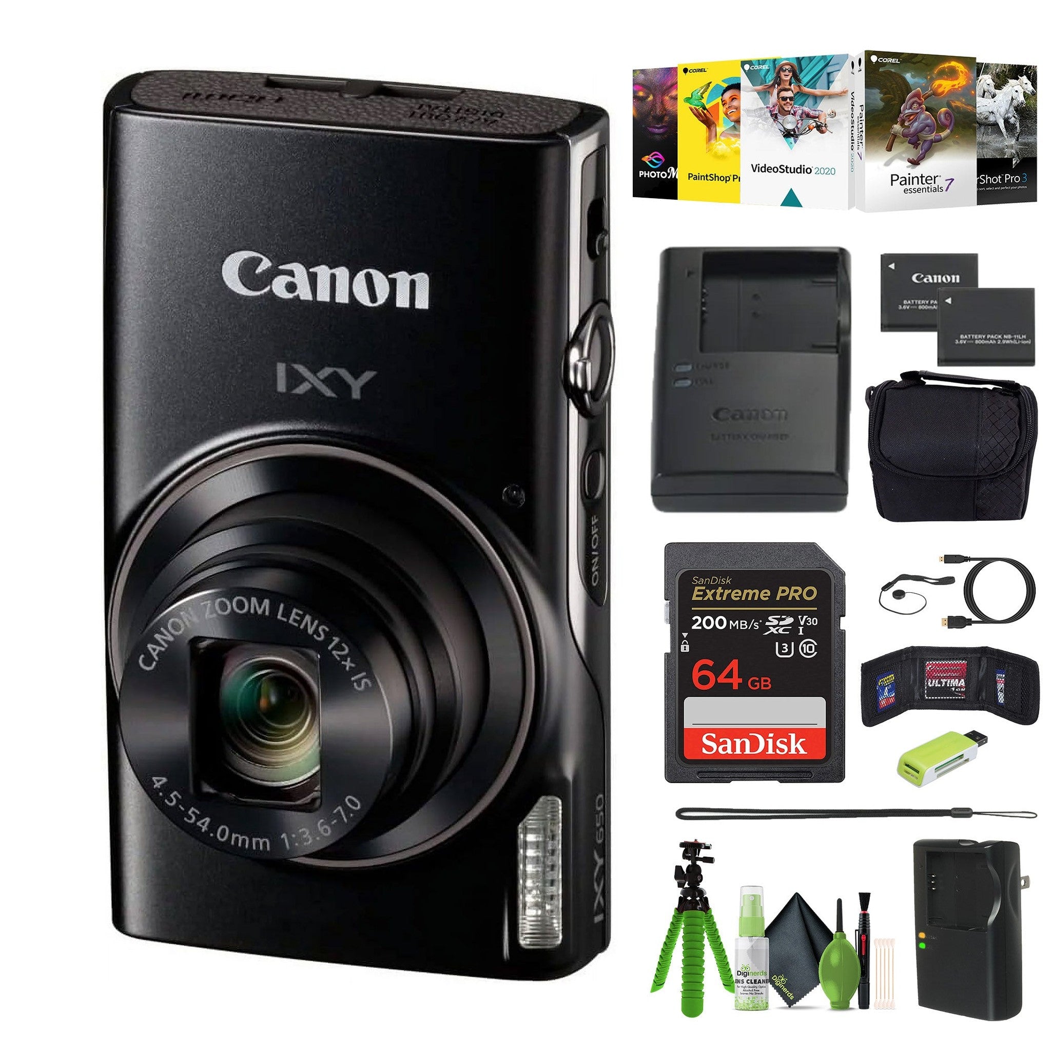 Canon Compact Digital Camera IXY 650 12x Optical Zoom IXY650 - Black - Bundle Canon