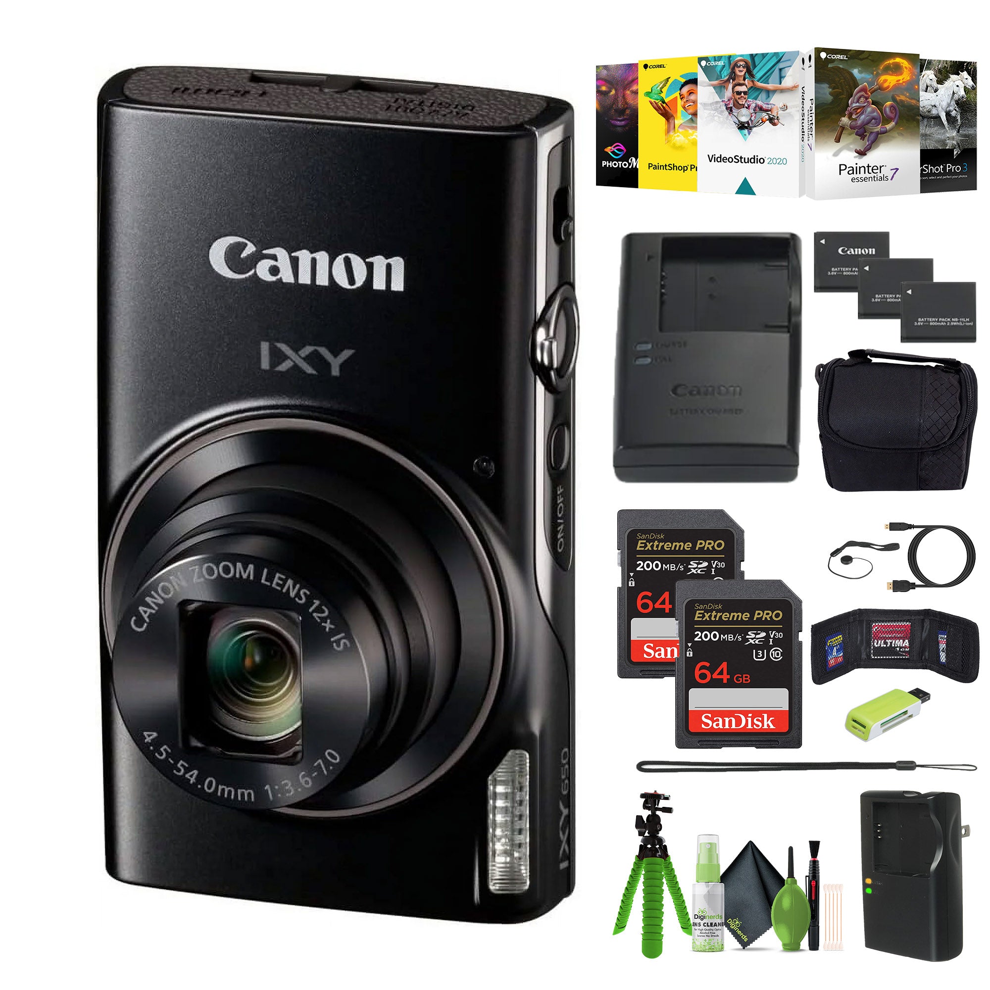 Canon Compact Digital Camera IXY 650 12x Optical Zoom IXY650 - Black - Bundle