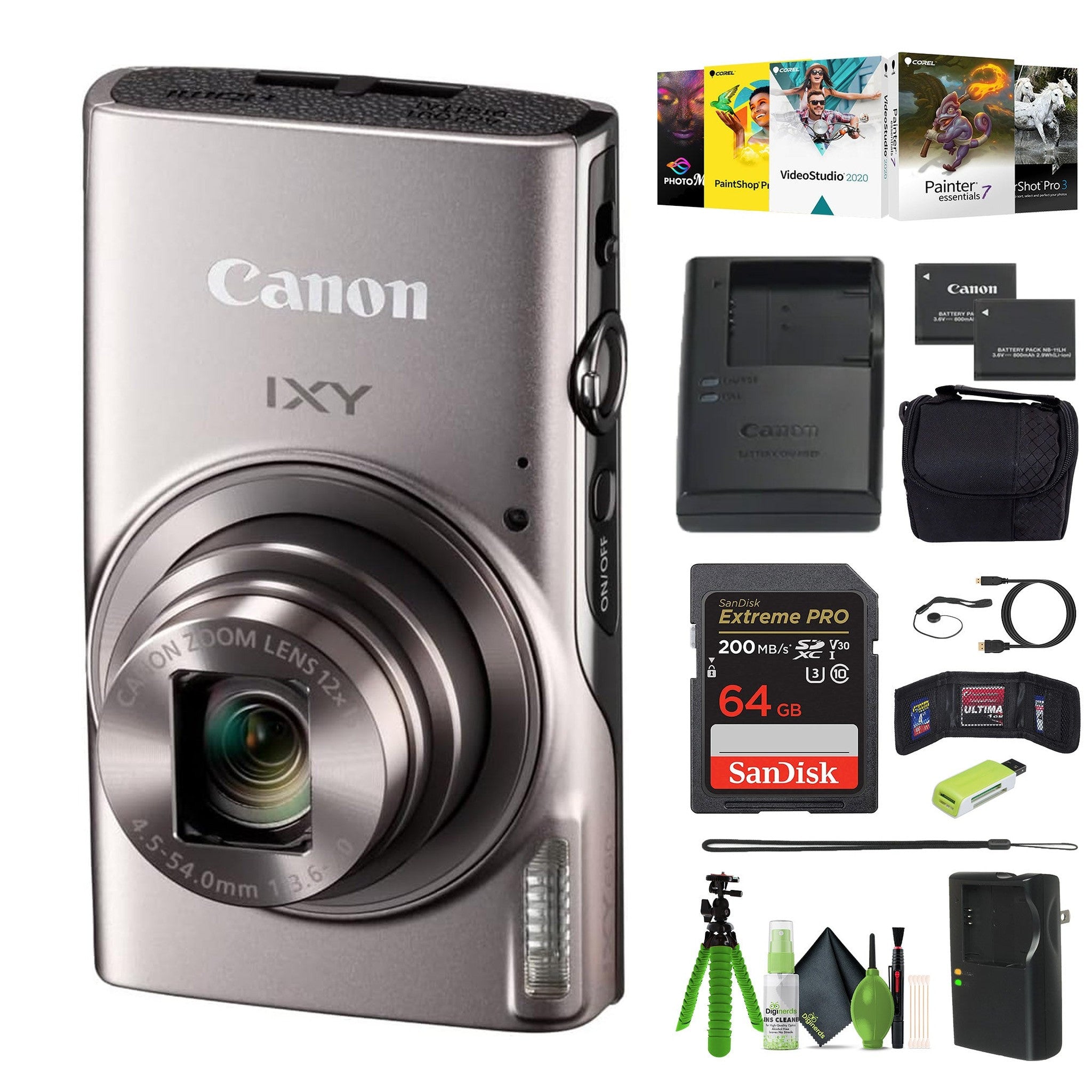 Canon Compact Digital Camera IXY 650 12x Optical Zoom IXY650 - Silver - Bundle Canon