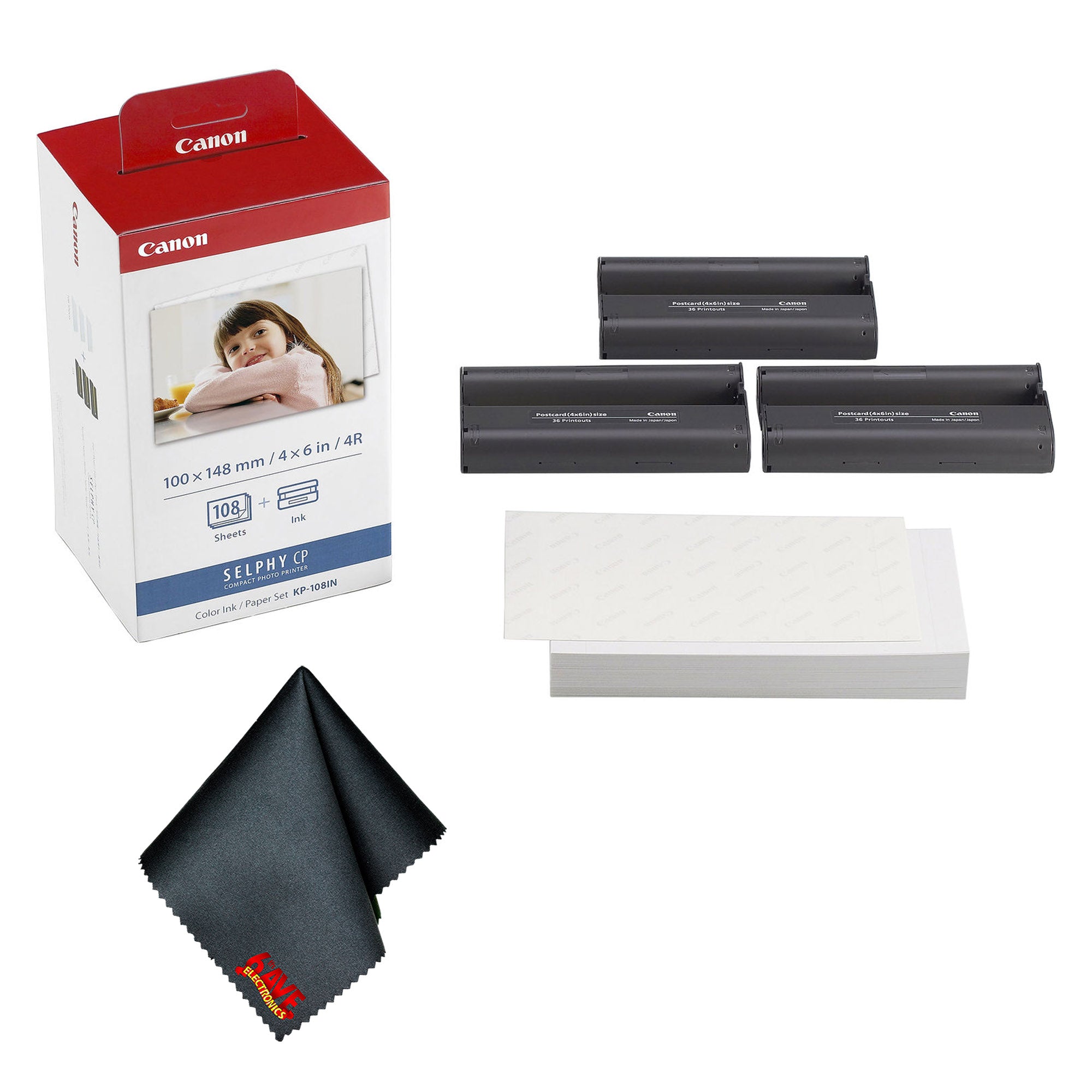 Canon KP-108IN Color Ink and 4 x 6 Paper Set Bundle With Cleaning Cloth