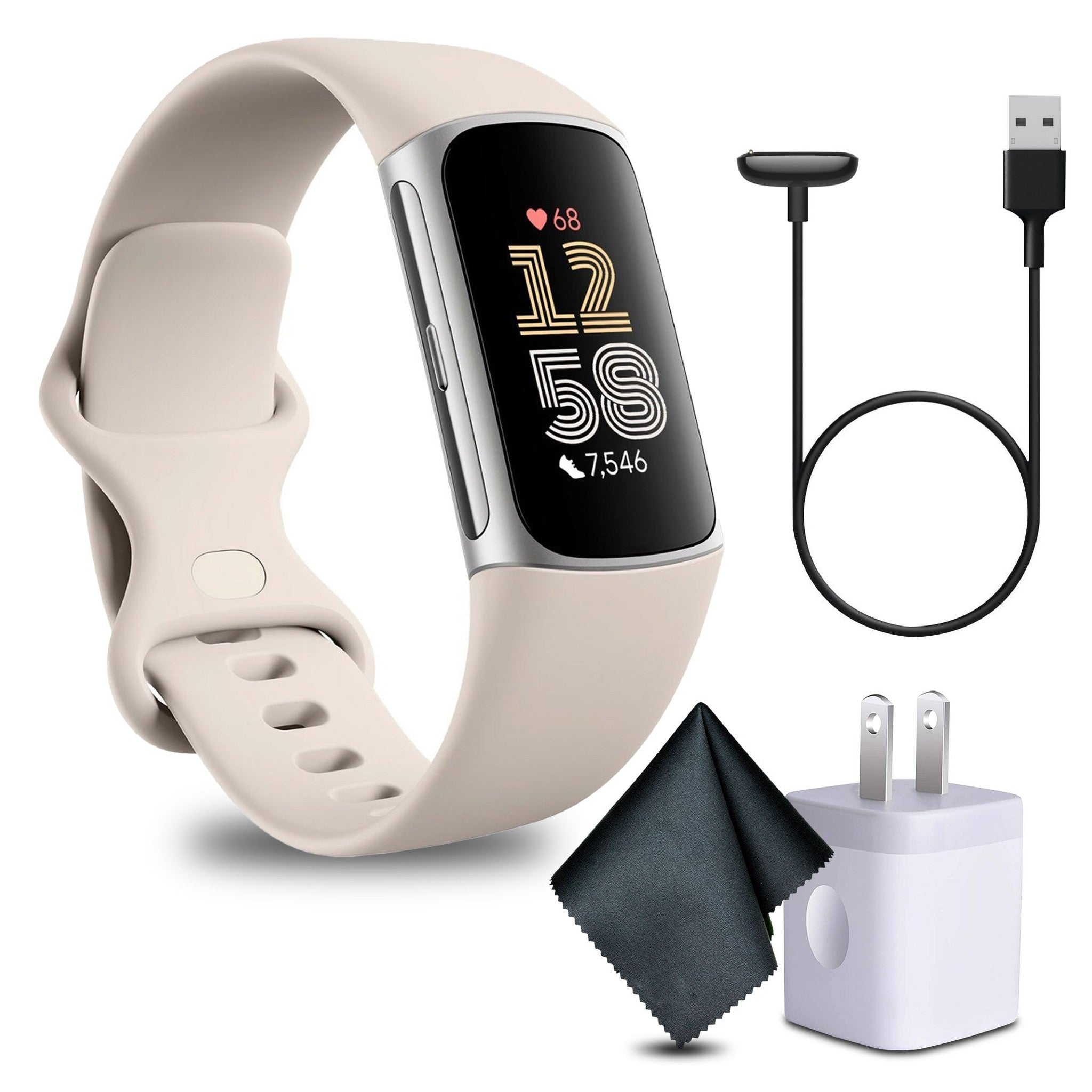 Fitbit Charge 6 Fitness Tracker Smartwatch- Porcelain/Silver Bundle Fitbit