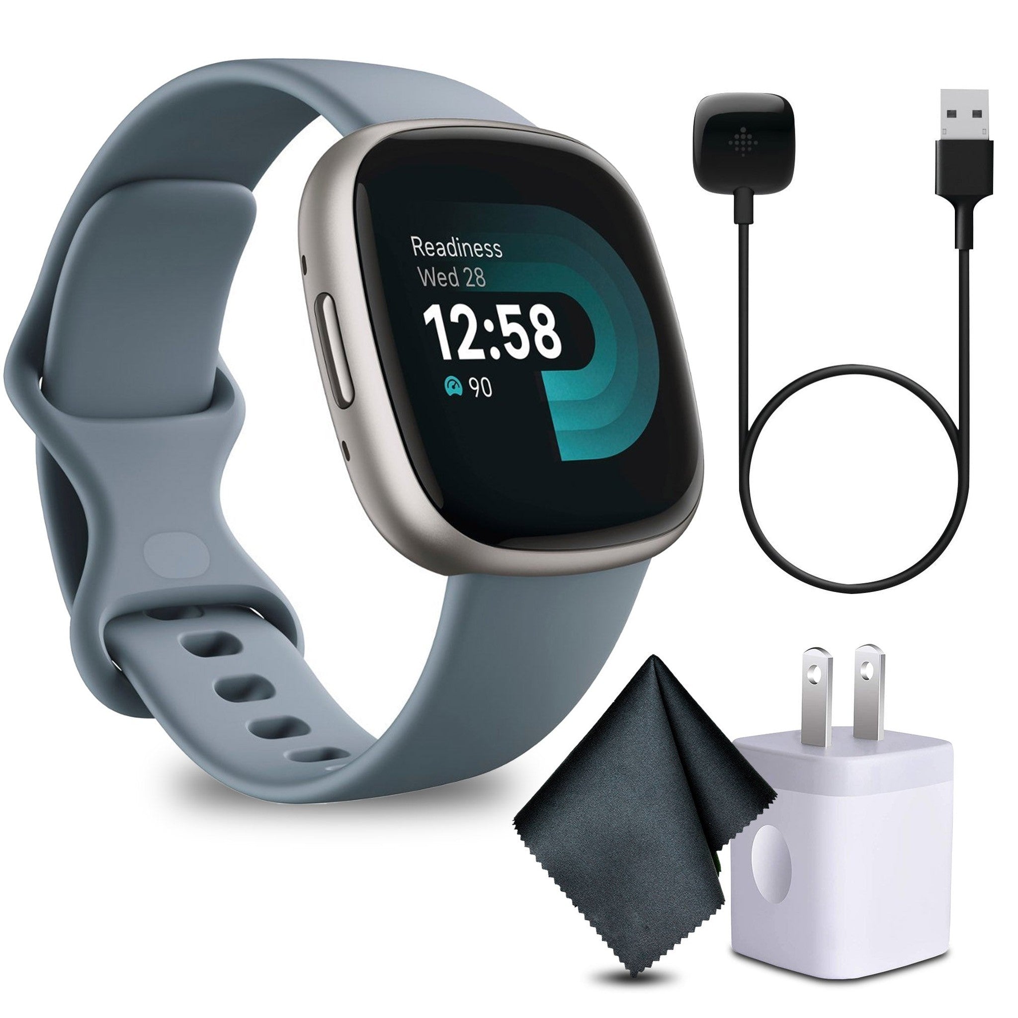 Fitbit Versa 4 Fitness Smartwatch Waterfall Blue/Platinum Bundle Fitbit