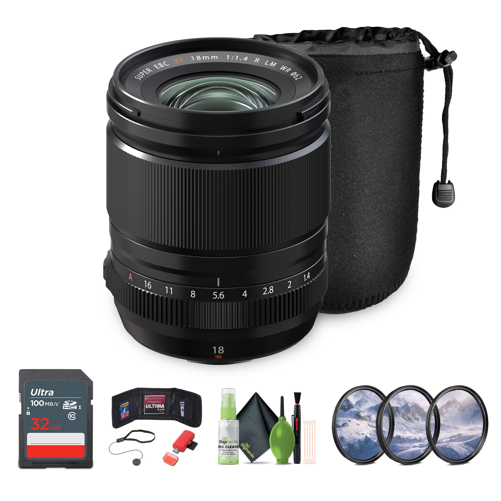 FUJIFILM XF 18mm f/1.4 R LM WR Lens, 32GB Memory Card, Bundle