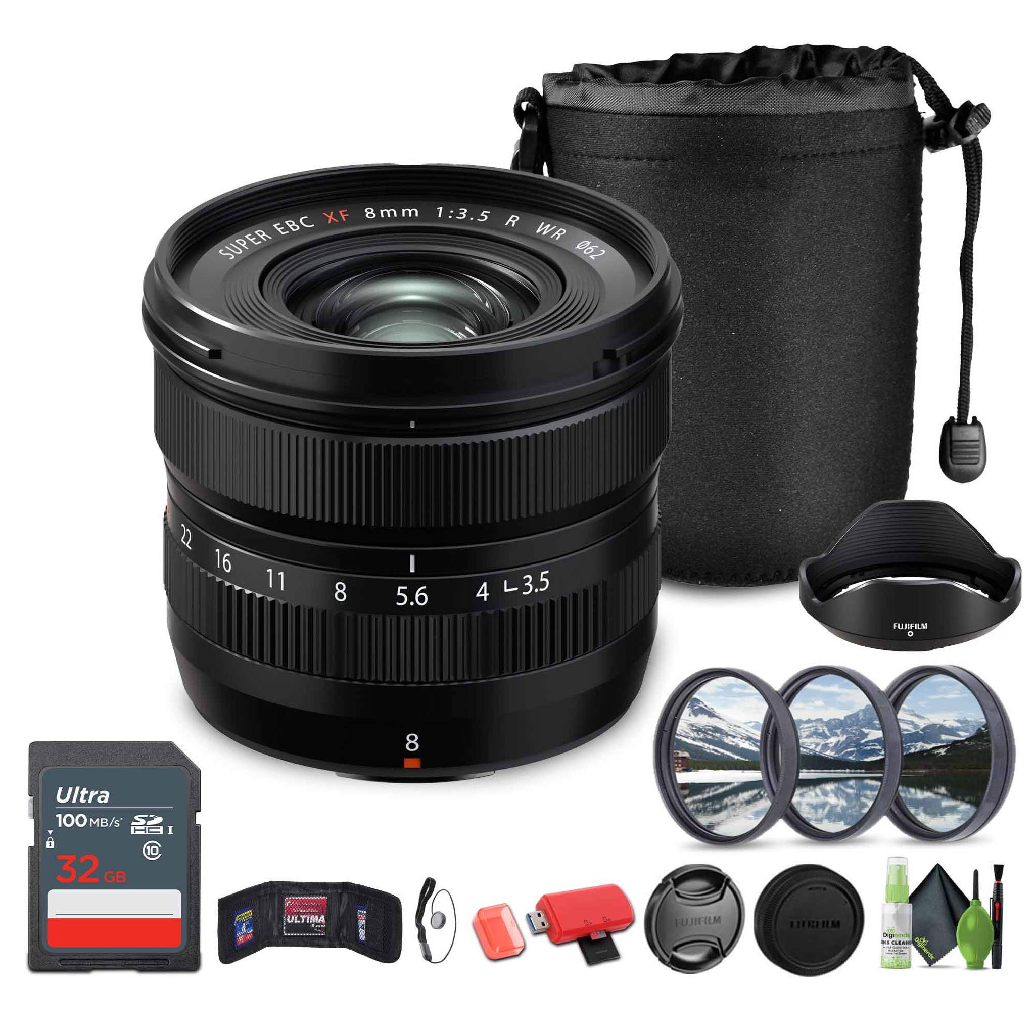FUJIFILM XF 8mm f/3.5 R WR Lens, 32GB Memory Card , Lens Cap Keeper, Bundle