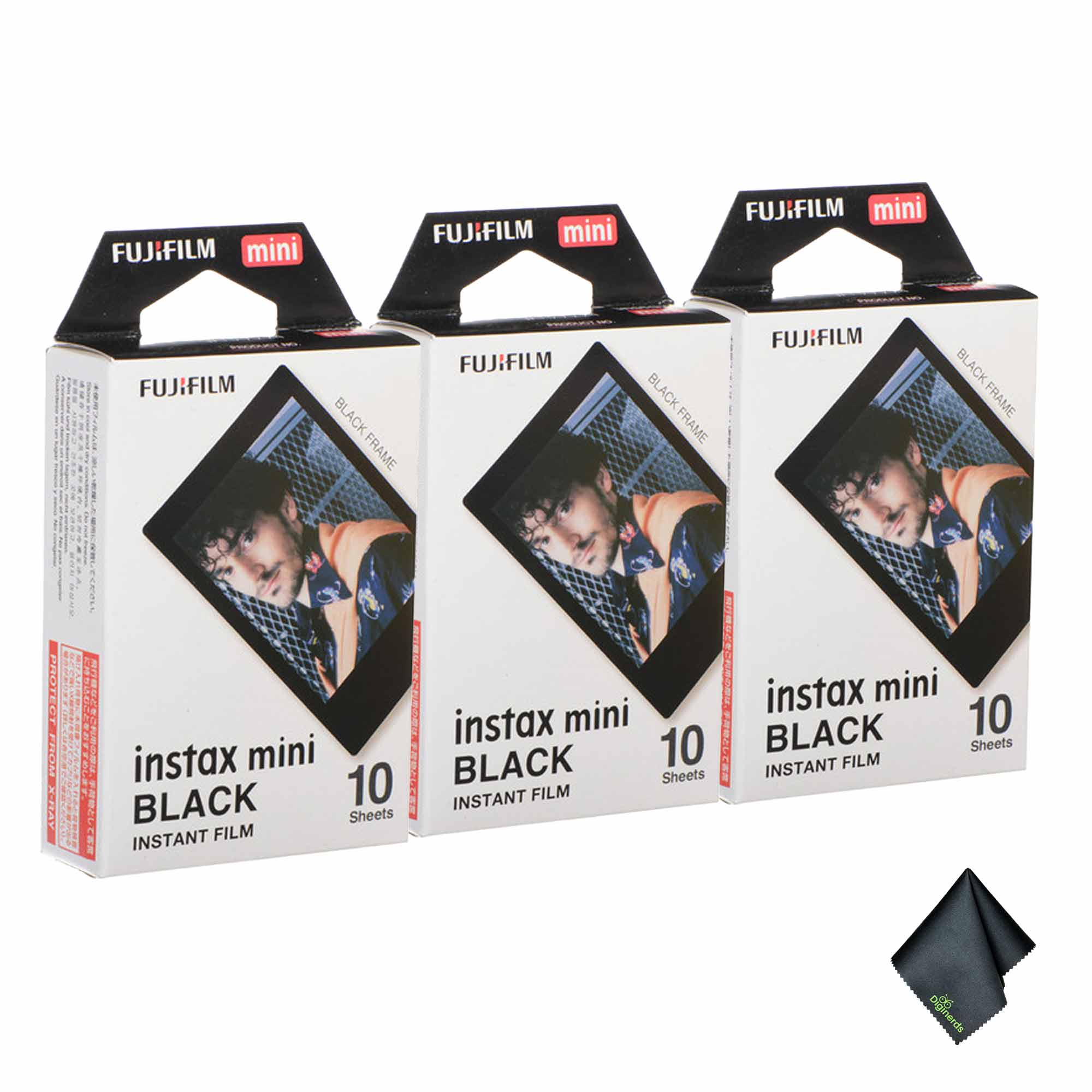 3xFUJIFILM INSTAX MINI Black Instant Film 10 Exposures , Microfiber Cleaning Cloth, Bundle