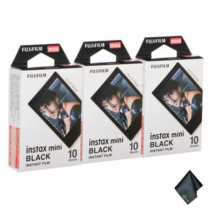 3xFUJIFILM INSTAX MINI Black Instant Film 10 Exposures , Microfiber Cleaning Cloth, Bundle