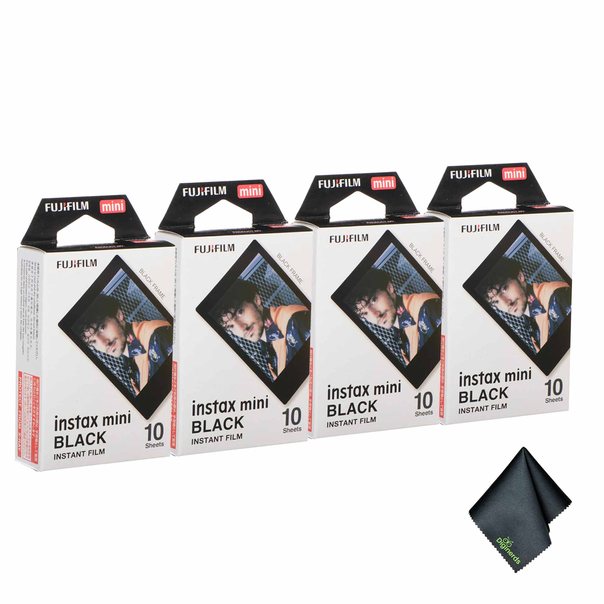 4xFUJIFILM INSTAX MINI Black Instant Film 10 Exposures , Microfiber Cleaning Cloth, Bundle
