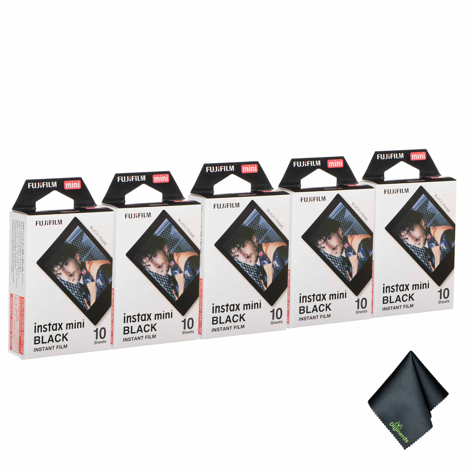 5xFUJIFILM INSTAX MINI Black Instant Film 10 Exposures , Microfiber Cleaning Cloth, Bundle