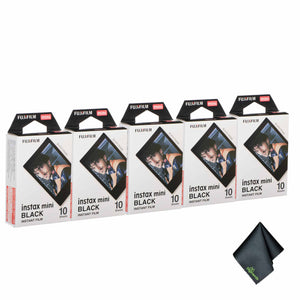 5xFUJIFILM INSTAX MINI Black Instant Film 10 Exposures , Microfiber Cleaning Cloth, Bundle