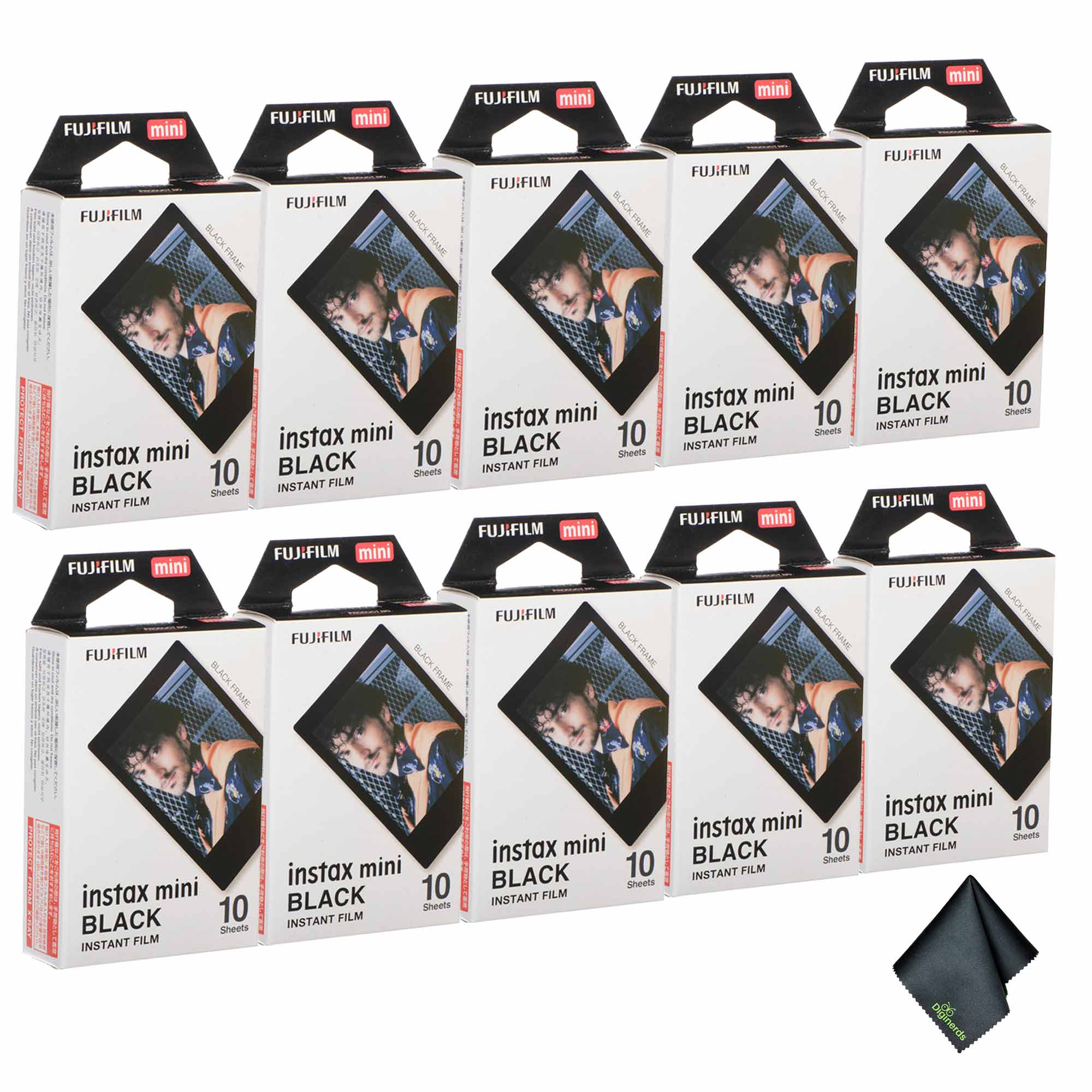 10xFUJIFILM INSTAX MINI Black Instant Film (10 Exposures), Microfiber Cleaning Cloth, Bundle