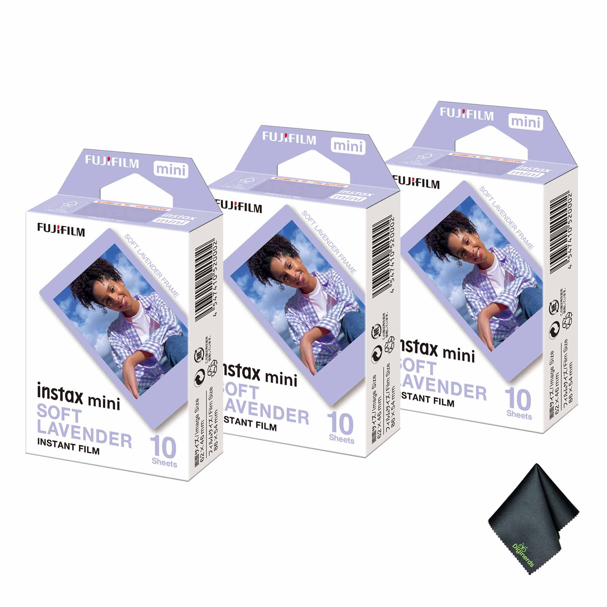 3xFUJIFILM INSTAX MINI Soft Lavender Instant Film 10 Exposures , Microfiber Cleaning Cloth, Bundle