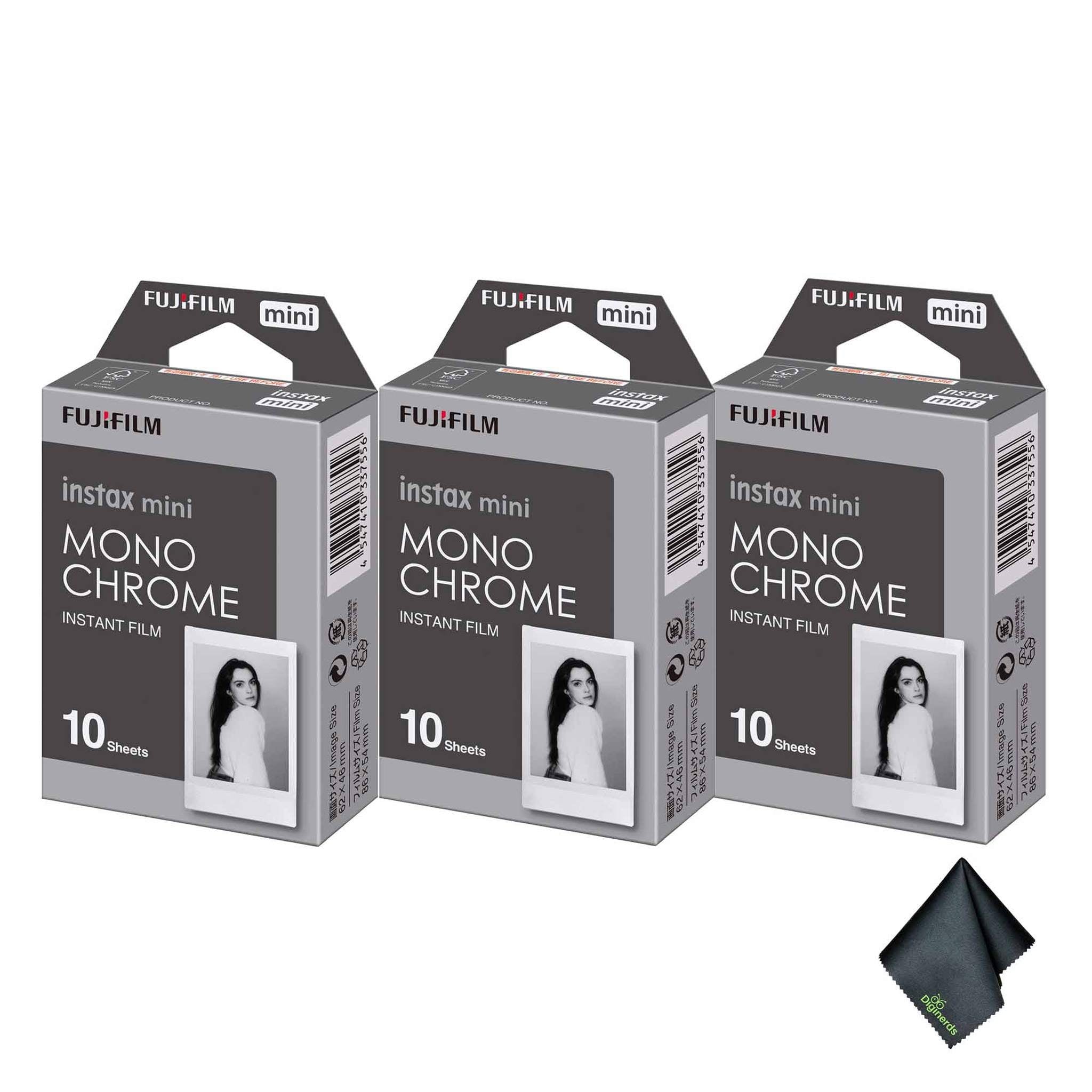 3xFUJIFILM INSTAX MINI Monochrome Instant Film 10 Exposures , Microfiber Cleaning Cloth, Bundle