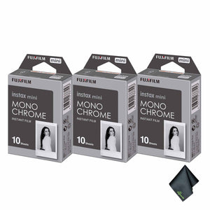 3xFUJIFILM INSTAX MINI Monochrome Instant Film 10 Exposures , Microfiber Cleaning Cloth, Bundle