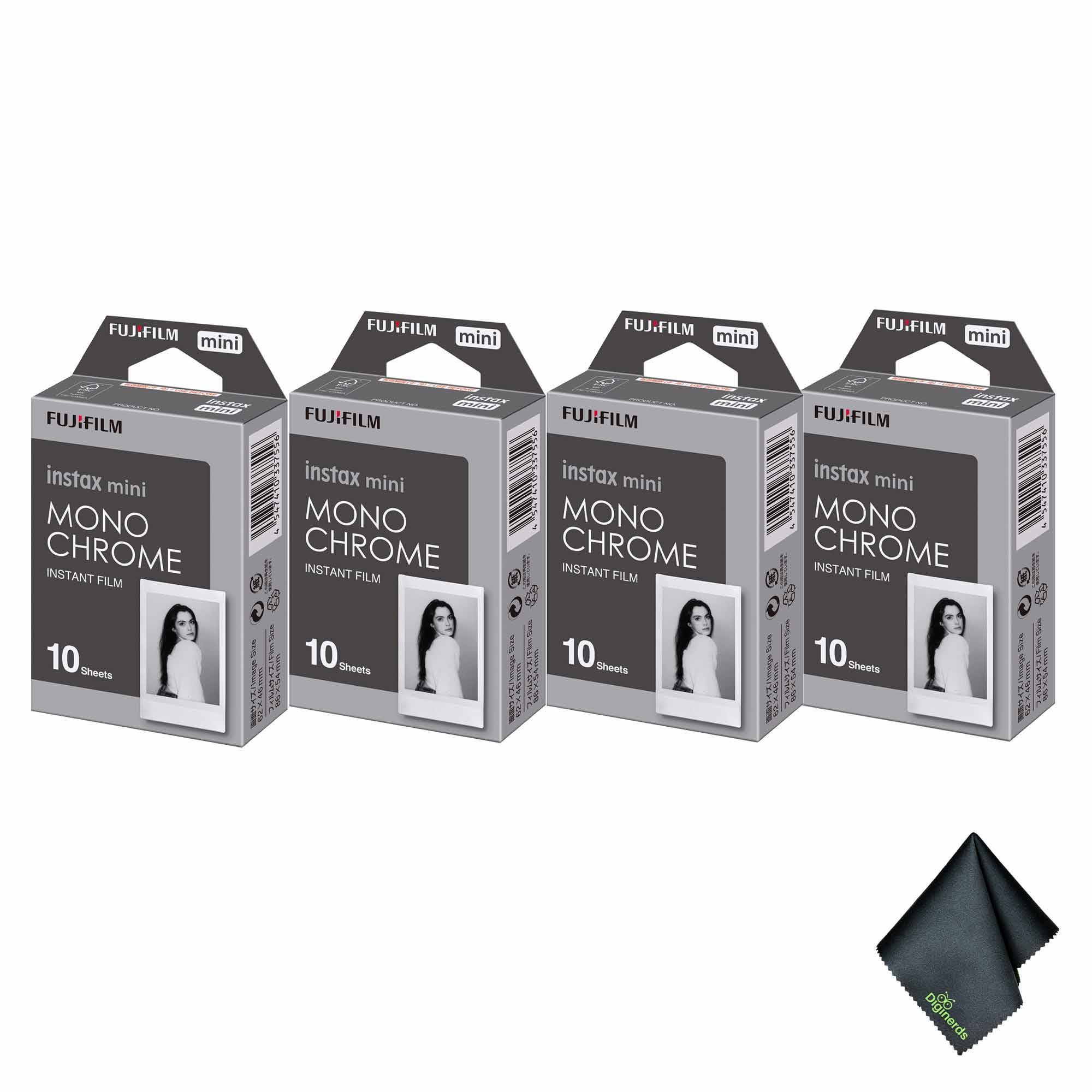 4xFUJIFILM INSTAX MINI Monochrome Instant Film (10 Exposures), Microfiber Cleaning Cloth, Bundle