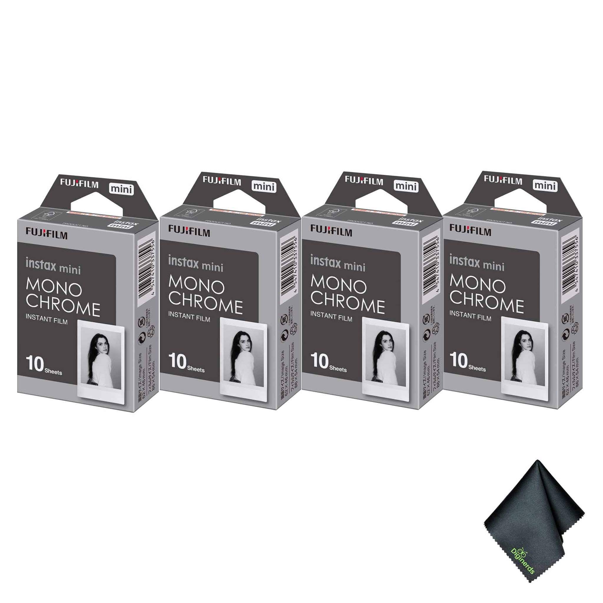 4xFUJIFILM INSTAX MINI Monochrome Instant Film 10 Exposures , Microfiber Cleaning Cloth, Bundle
