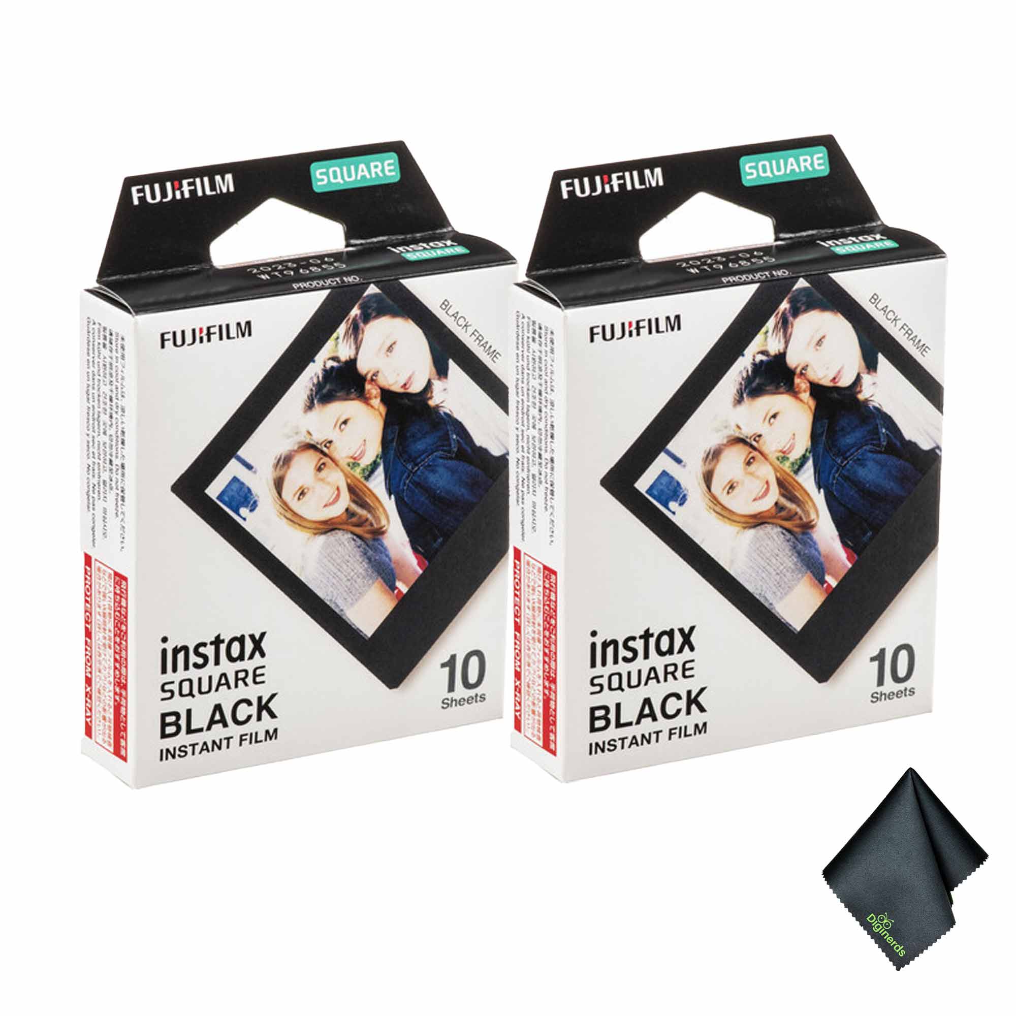 2xFUJIFILM INSTAX SQUARE Black Instant Film 10 Exposures , Microfiber Cleaning Cloth, Bundle