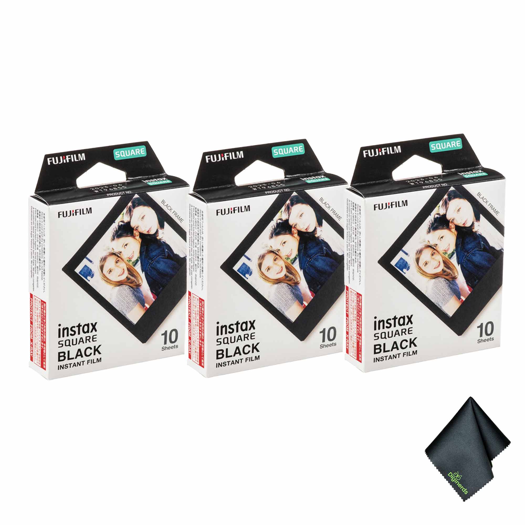 3xFUJIFILM INSTAX SQUARE Black Instant Film 10 Exposures , Microfiber Cleaning Cloth, Bundle