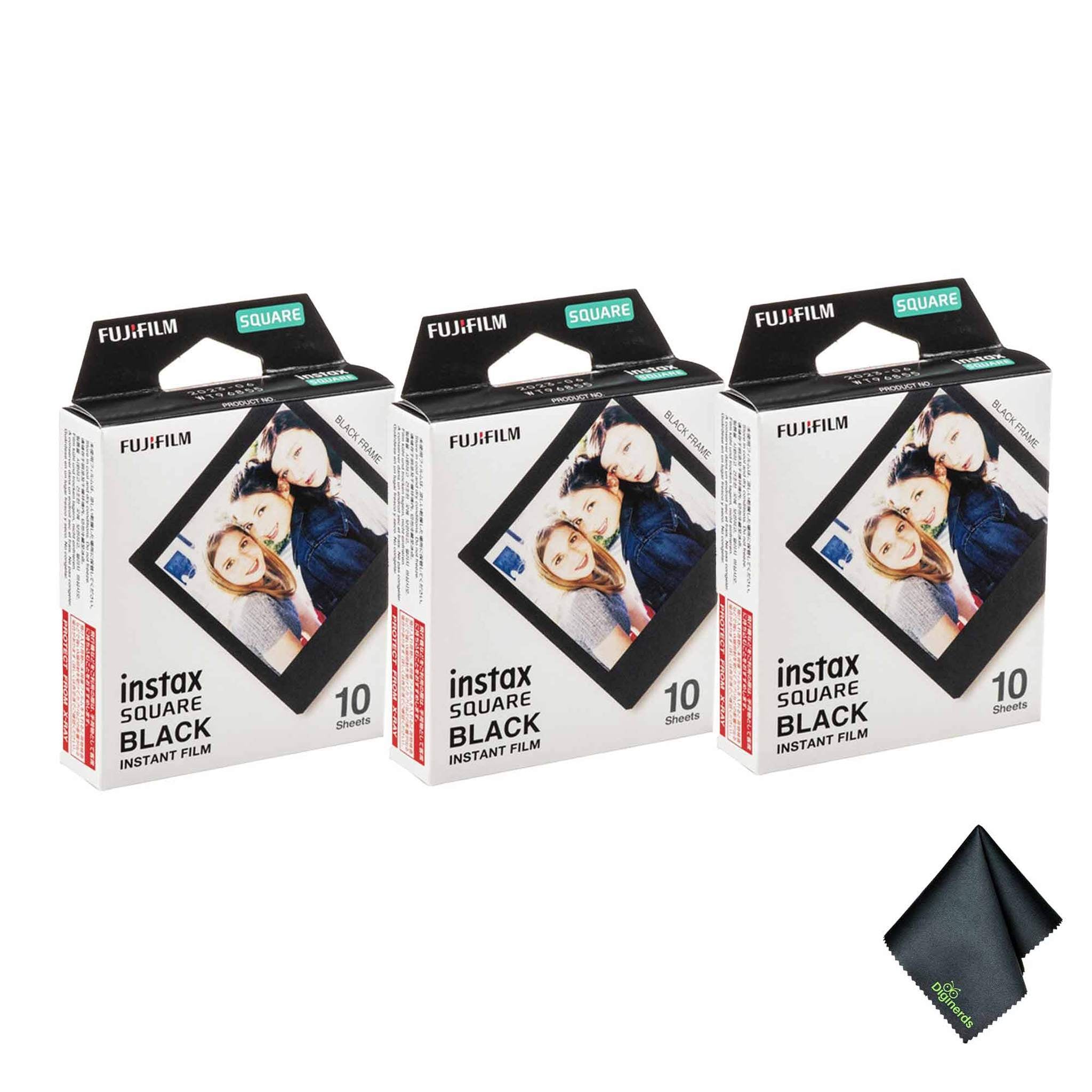 3xFUJIFILM INSTAX SQUARE Black Instant Film 10 Exposures , Microfiber Cleaning Cloth, Bundle