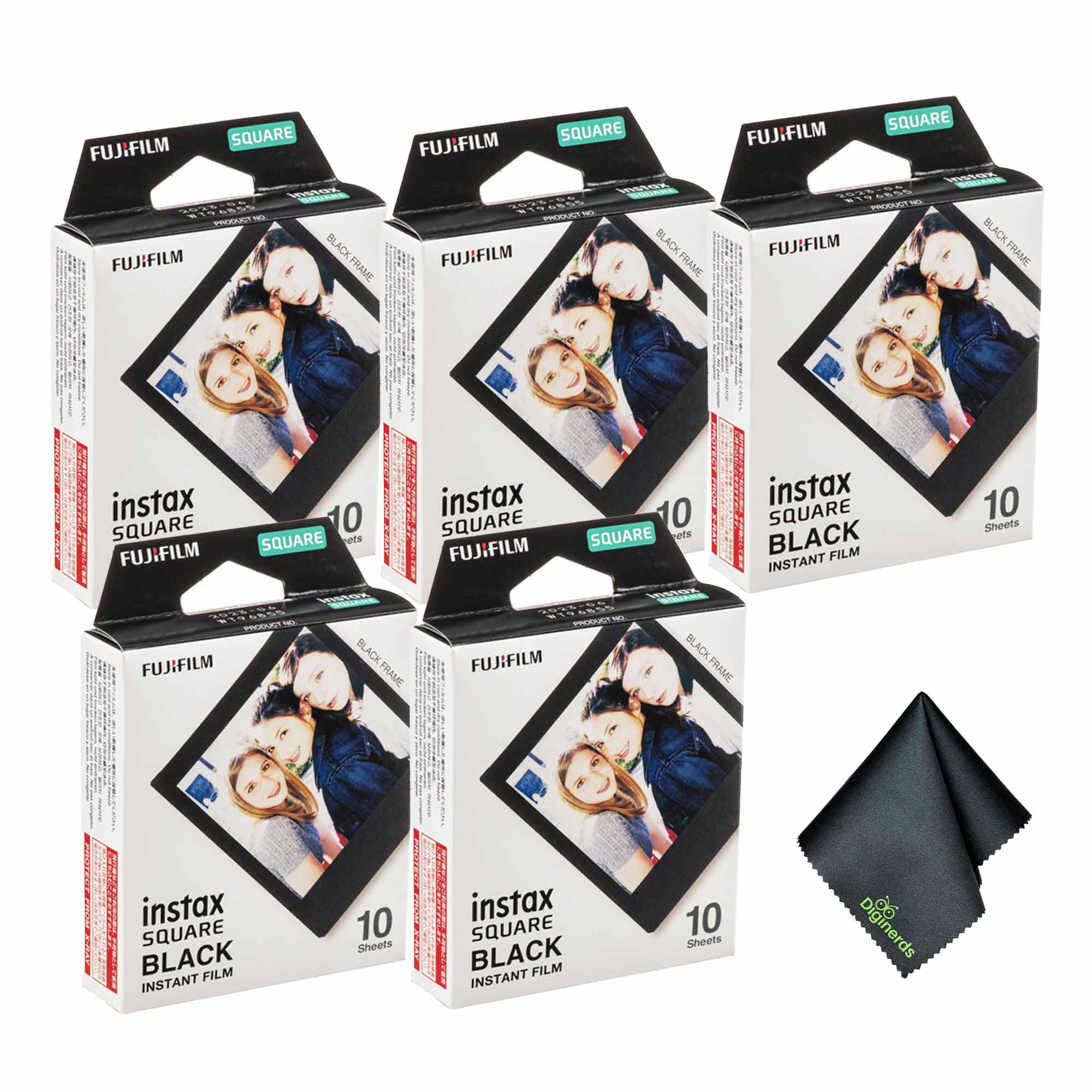 5xFUJIFILM INSTAX SQUARE Black Instant Film 10 Exposures , Microfiber Cleaning Cloth, Bundle